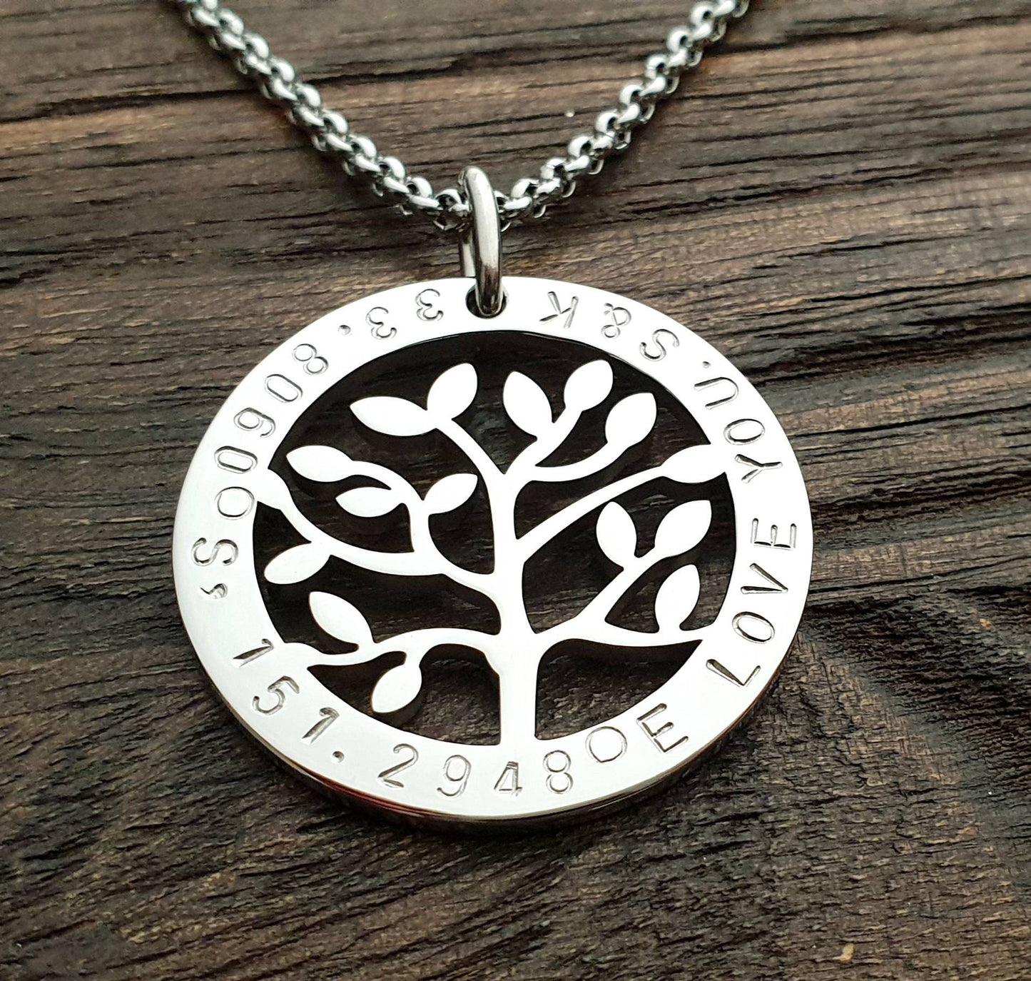 Personalized Tree of Life Necklace, Hand Stamped Name Design Pendant, 18k Gold Stainless Steel. Mothers Day, Sister, Grandmother, Kids Names