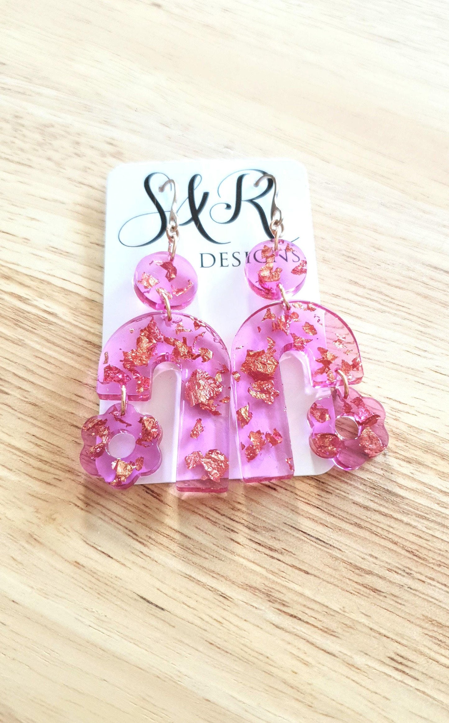 Lucid Pink Arch Dangles Flower Earrings, Pink Resin and Rosegold Leaf, Pink Flower Charm, Statement Stainless Steel Hypoallergenic Earrings