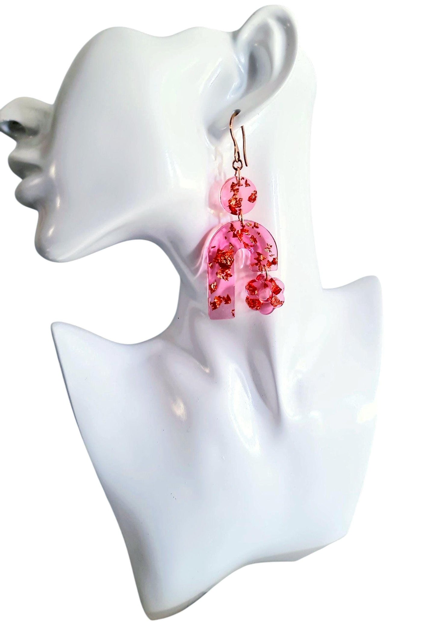 Lucid Pink Arch Dangles Flower Earrings, Pink Resin and Rosegold Leaf, Pink Flower Charm, Statement Stainless Steel Hypoallergenic Earrings