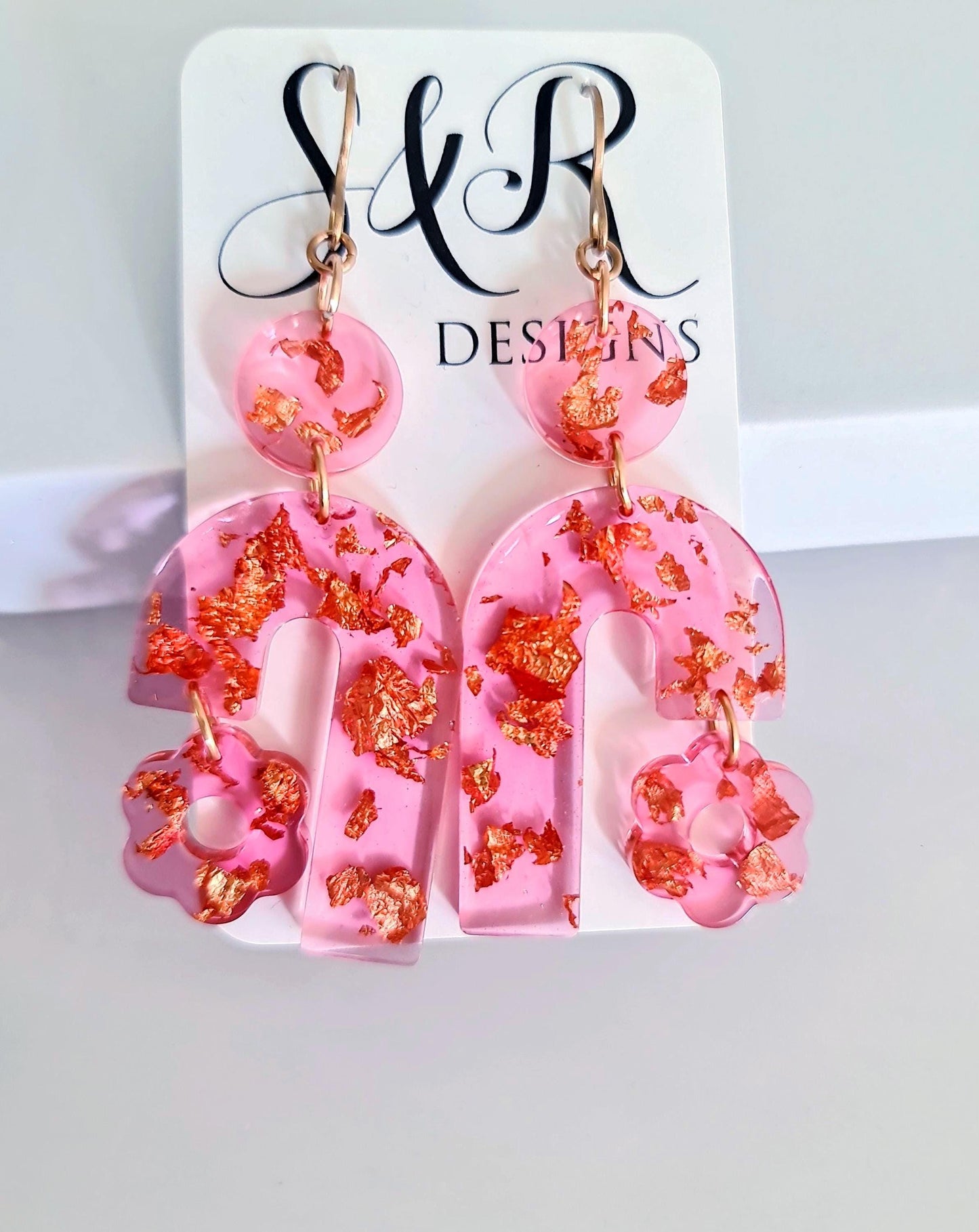 Lucid Pink Arch Dangles Flower Earrings, Pink Resin and Rosegold Leaf, Pink Flower Charm, Statement Stainless Steel Hypoallergenic Earrings