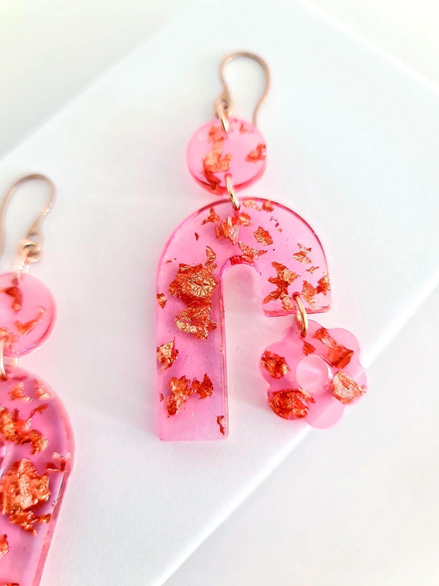 Lucid Pink Arch Dangles Flower Earrings, Pink Resin and Rosegold Leaf, Pink Flower Charm, Statement Stainless Steel Hypoallergenic Earrings
