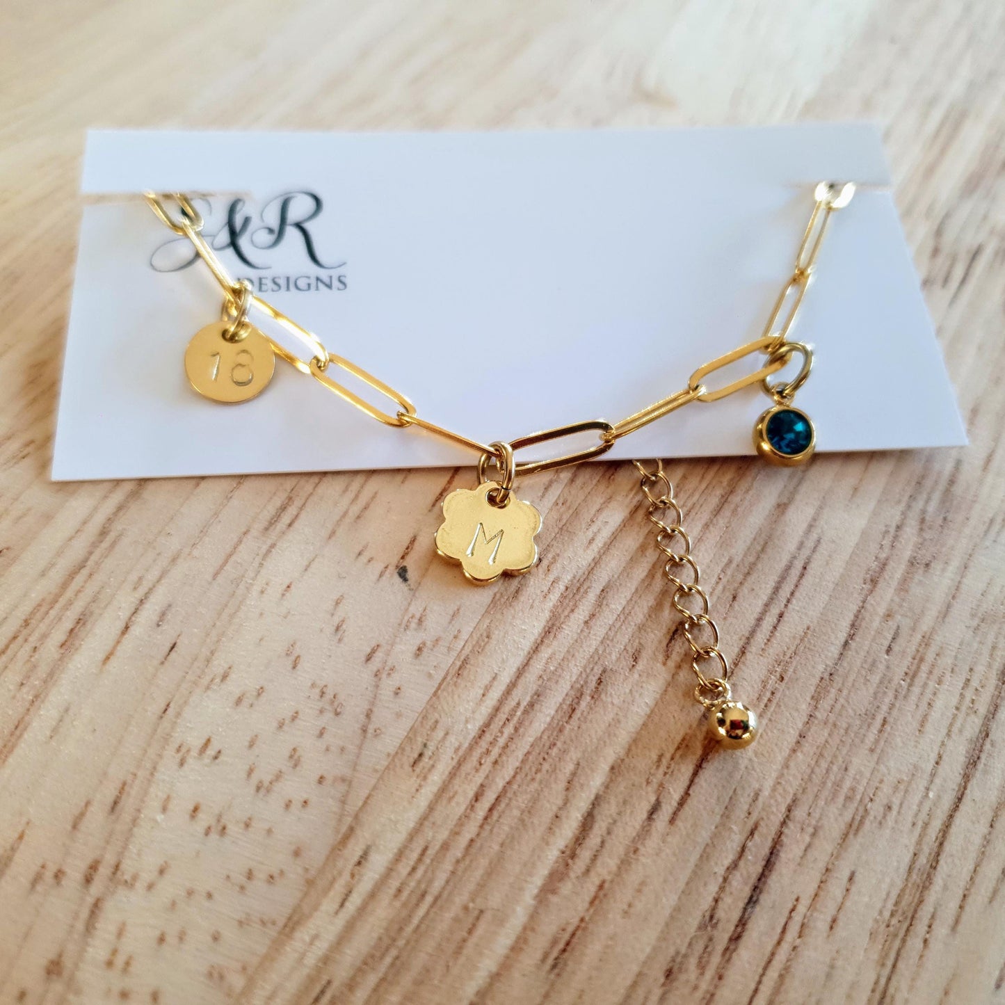 Personalised Gold Charm Bracelet, 18k Gold Hand-Stamped Paperclip Bracelet, Custom Initial/s, 16th, 28th, 21st, 30th, 40th, 50th Add Charms