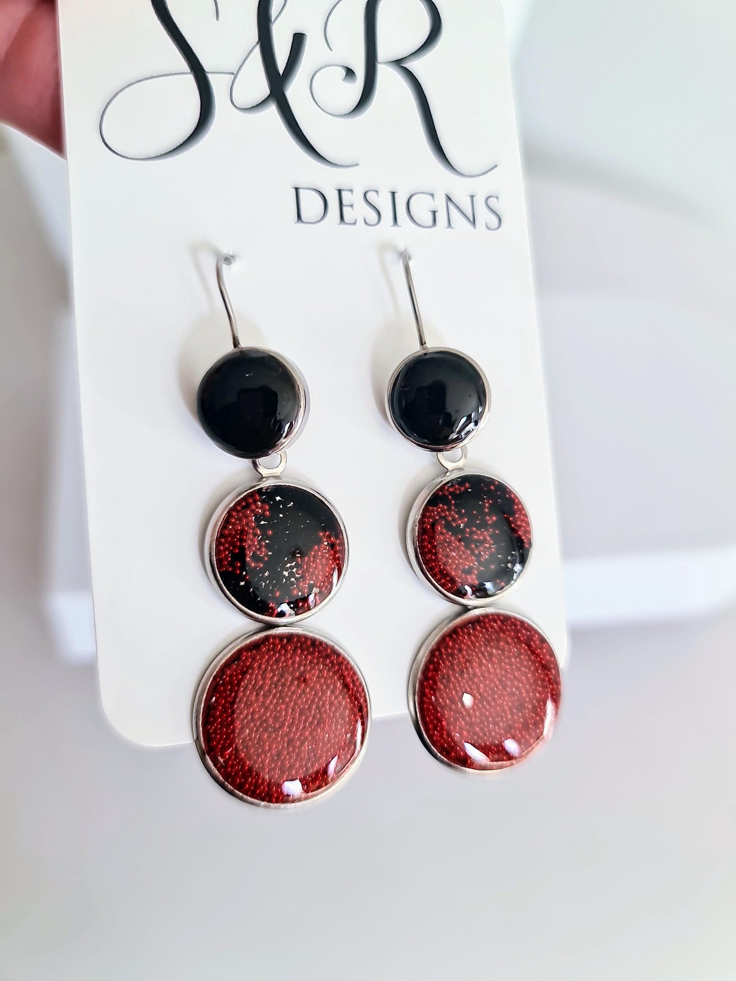 Red and Black Circle Drop Earrings, 3 Circle Design Bubble Bead Dangle Earrings, Statement Resin Hypoallergenic Handmade Earrings