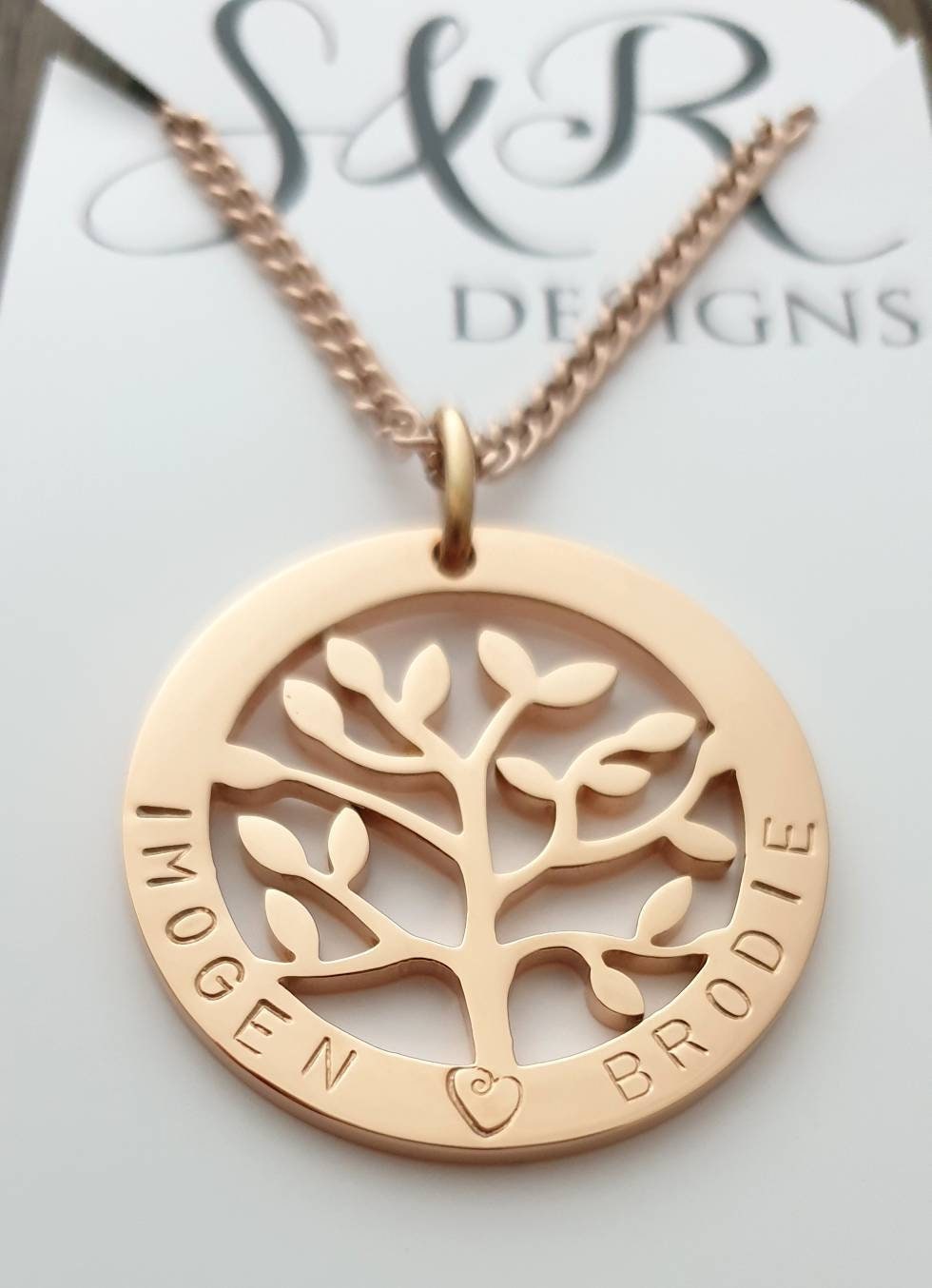 Personalized Tree of Life Necklace, Hand Stamped Name Design Pendant, 18k Gold Stainless Steel. Mothers Day, Sister, Grandmother, Kids Names
