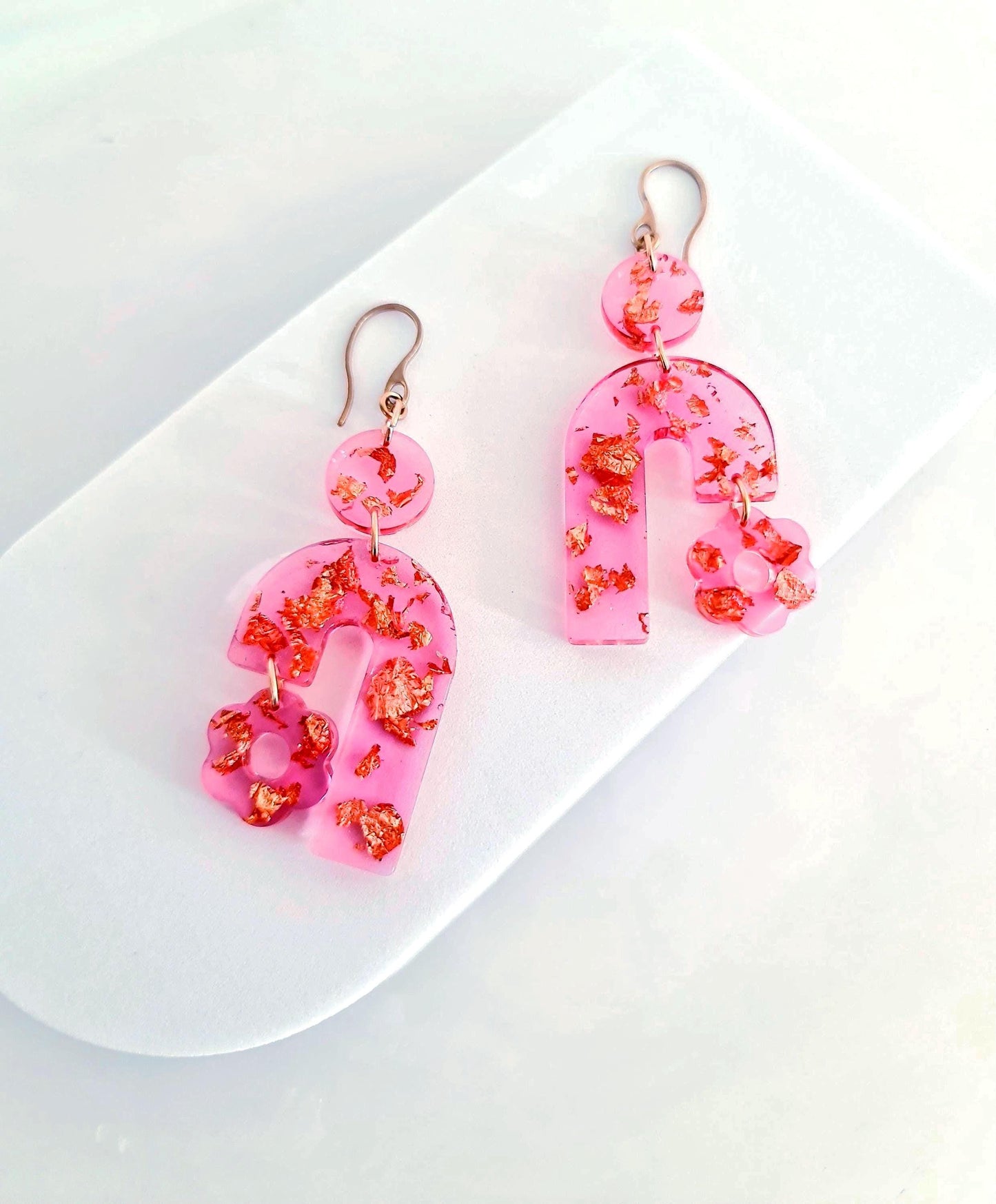 Lucid Pink Arch Dangles Flower Earrings, Pink Resin and Rosegold Leaf, Pink Flower Charm, Statement Stainless Steel Hypoallergenic Earrings