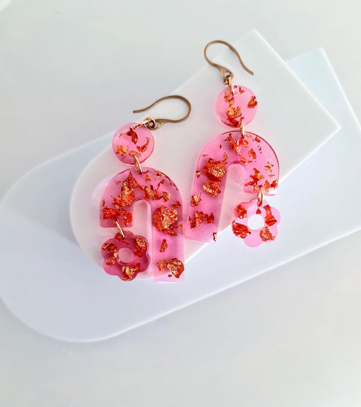 Lucid Pink Arch Dangles Flower Earrings, Pink Resin and Rosegold Leaf, Pink Flower Charm, Statement Stainless Steel Hypoallergenic Earrings