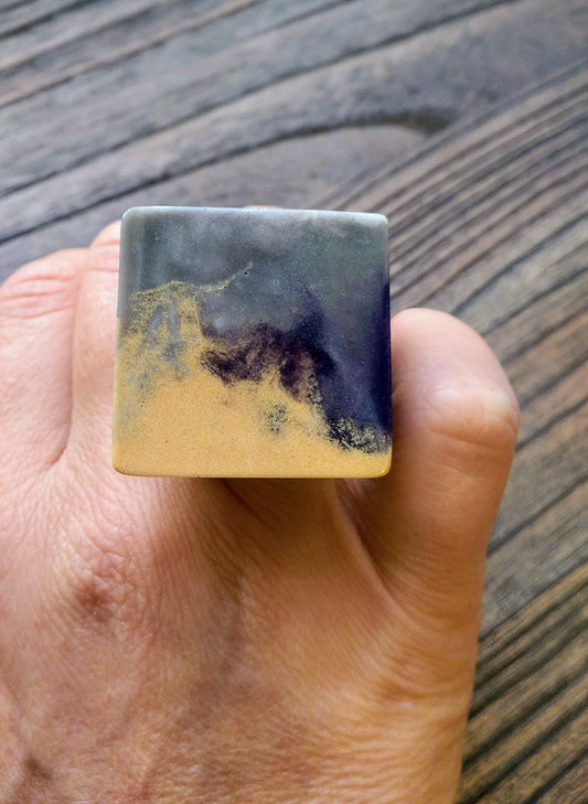 Statement Square Resin Ring, Handmade Size 7 US N AU Silver Grey Gold Purple swirls Ring