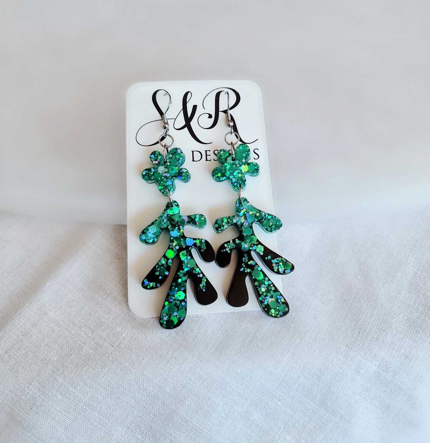 Turquoise Black Flower Leaves Dangle Drop Earrings, Turquoise Holographic Glitter Black Resin Dangles, Statement Earrings Stainless Steel