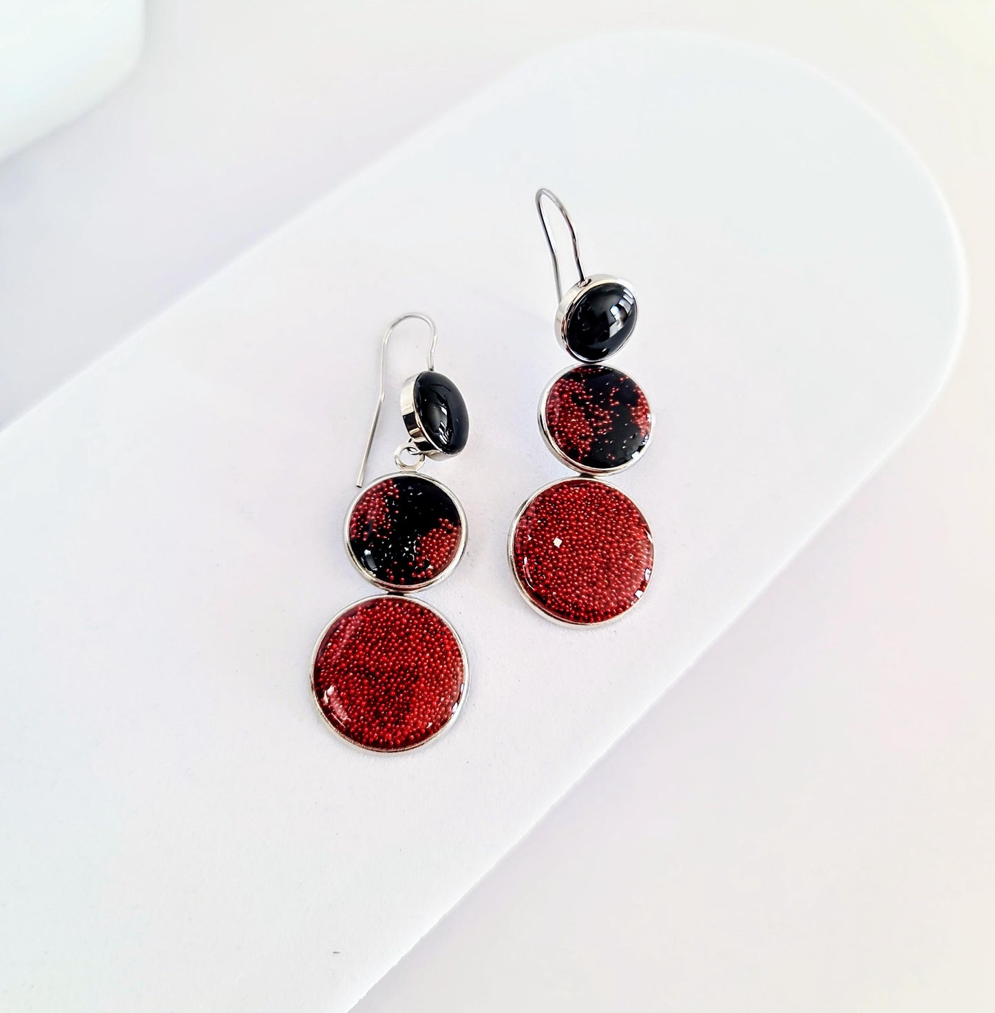 Red and Black Circle Drop Earrings, 3 Circle Design Bubble Bead Dangle Earrings, Statement Resin Hypoallergenic Handmade Earrings