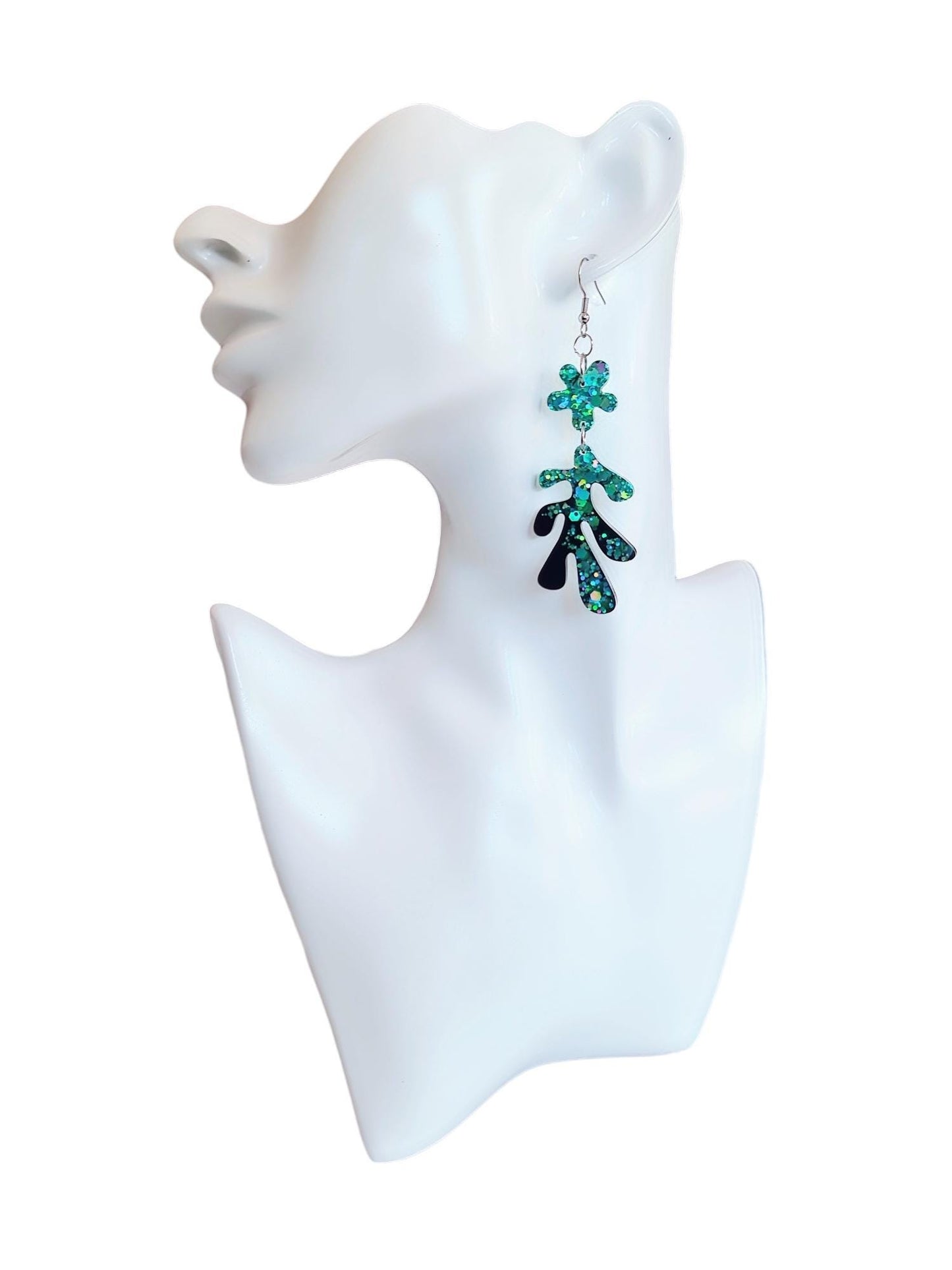 Turquoise Black Flower Leaves Dangle Drop Earrings, Turquoise Holographic Glitter Black Resin Dangles, Statement Earrings Stainless Steel