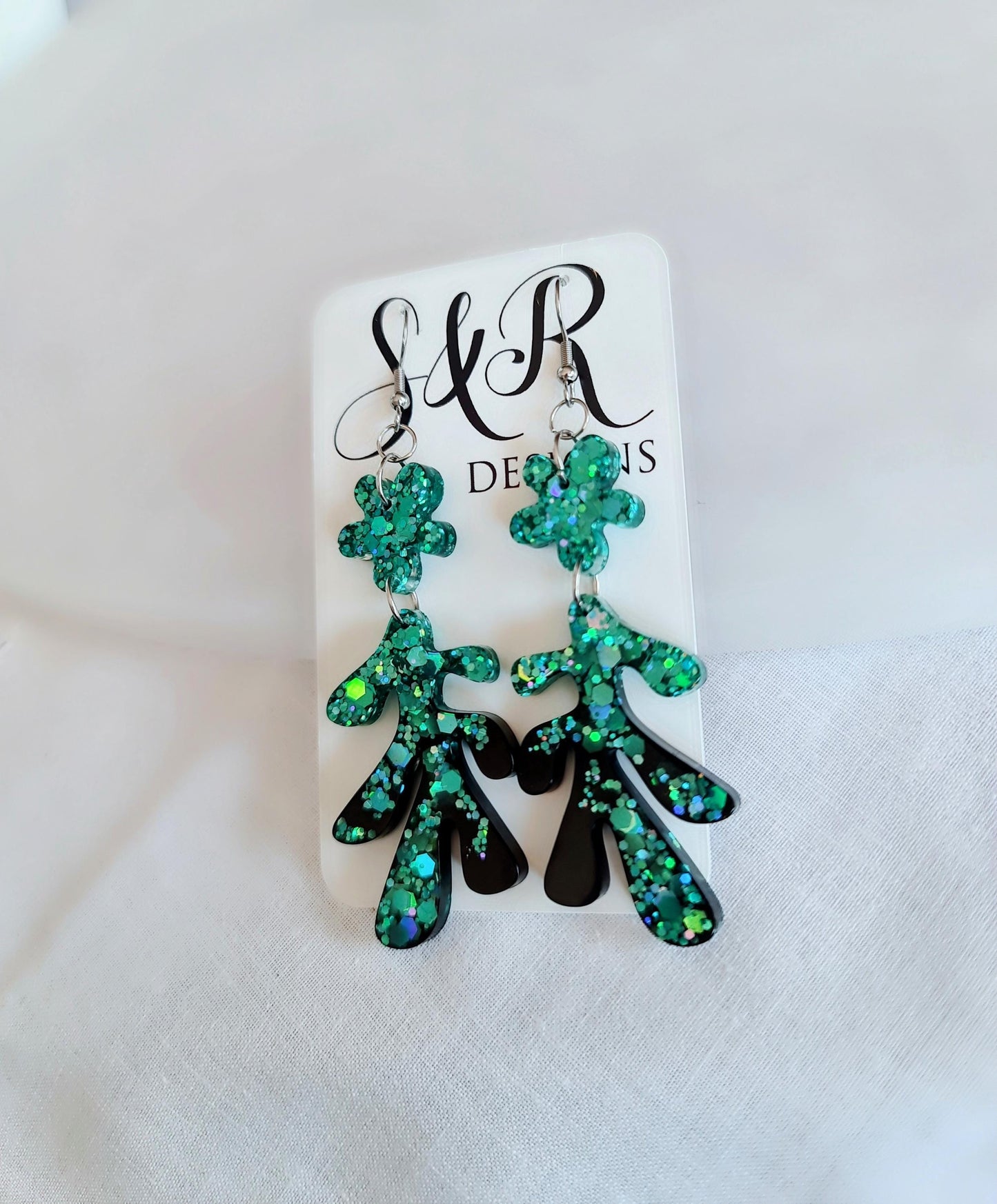 Turquoise Black Flower Leaves Dangle Drop Earrings, Turquoise Holographic Glitter Black Resin Dangles, Statement Earrings Stainless Steel