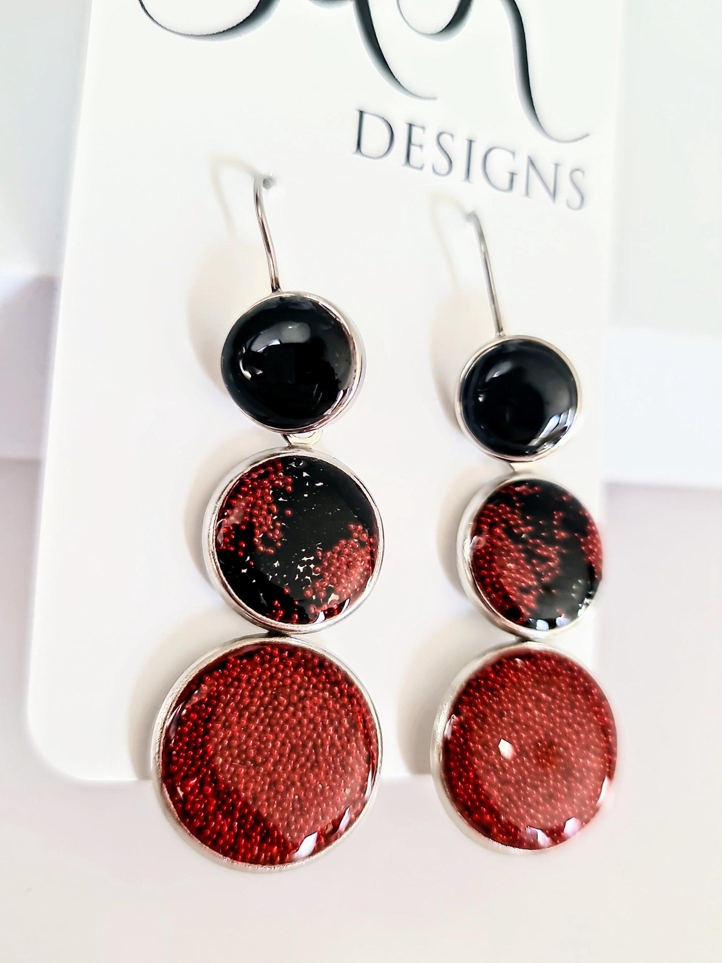Red and Black Circle Drop Earrings, 3 Circle Design Bubble Bead Dangle Earrings, Statement Resin Hypoallergenic Handmade Earrings