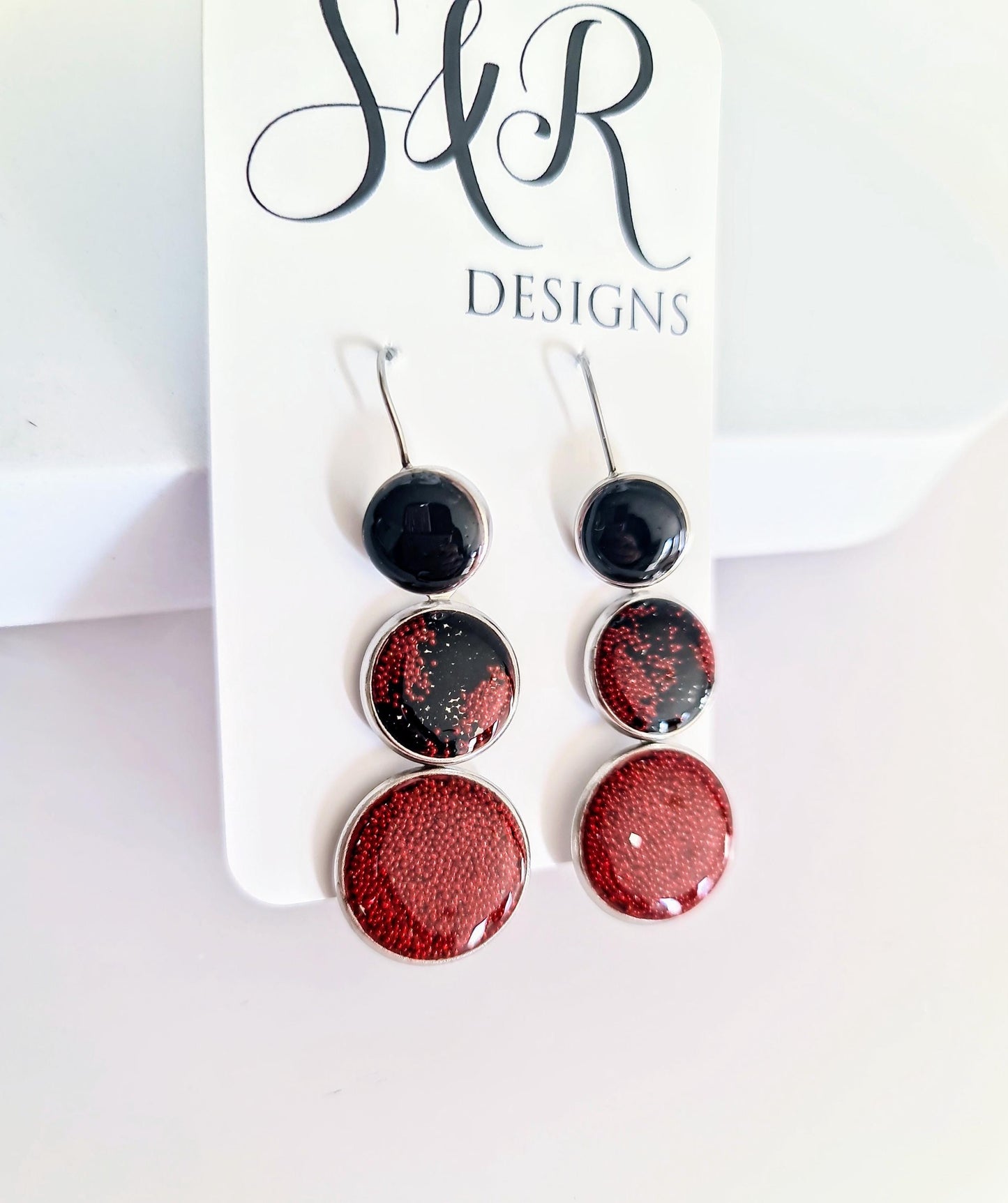 Red and Black Circle Drop Earrings, 3 Circle Design Bubble Bead Dangle Earrings, Statement Resin Hypoallergenic Handmade Earrings