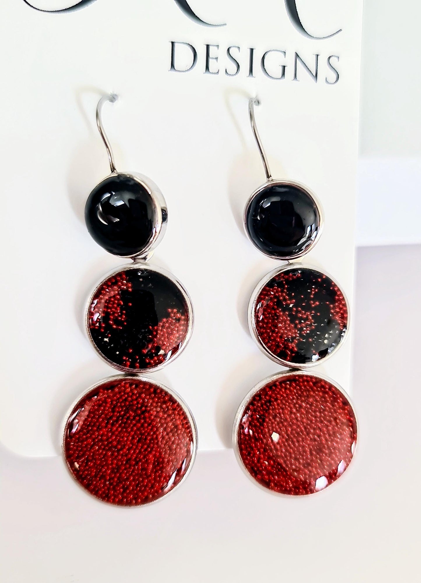 Red and Black Circle Drop Earrings, Handmade Resin Dangle, Hypoallergenic