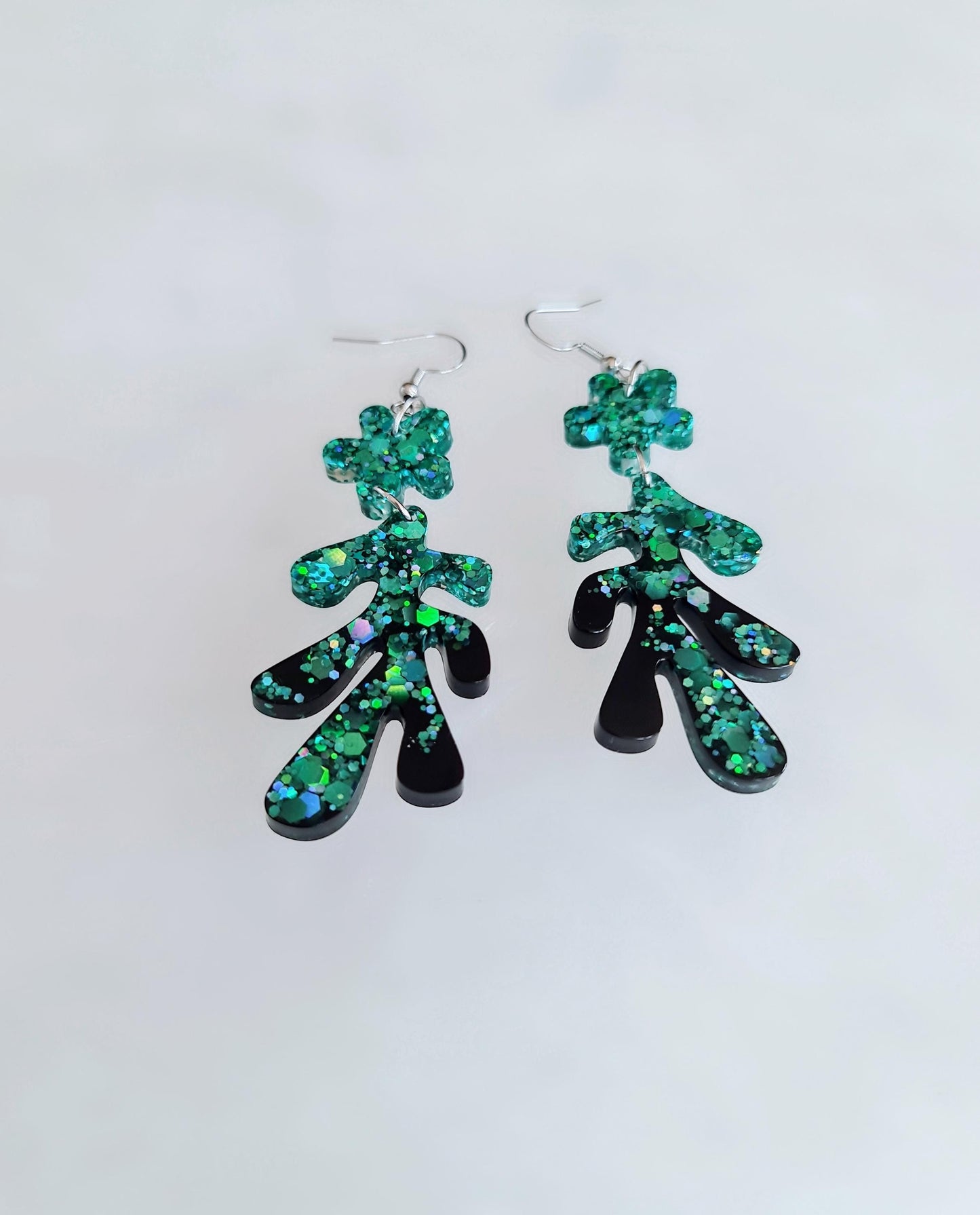 Turquoise Black Flower Leaves Dangle Drop Earrings, Turquoise Holographic Glitter Black Resin Dangles, Statement Earrings Stainless Steel