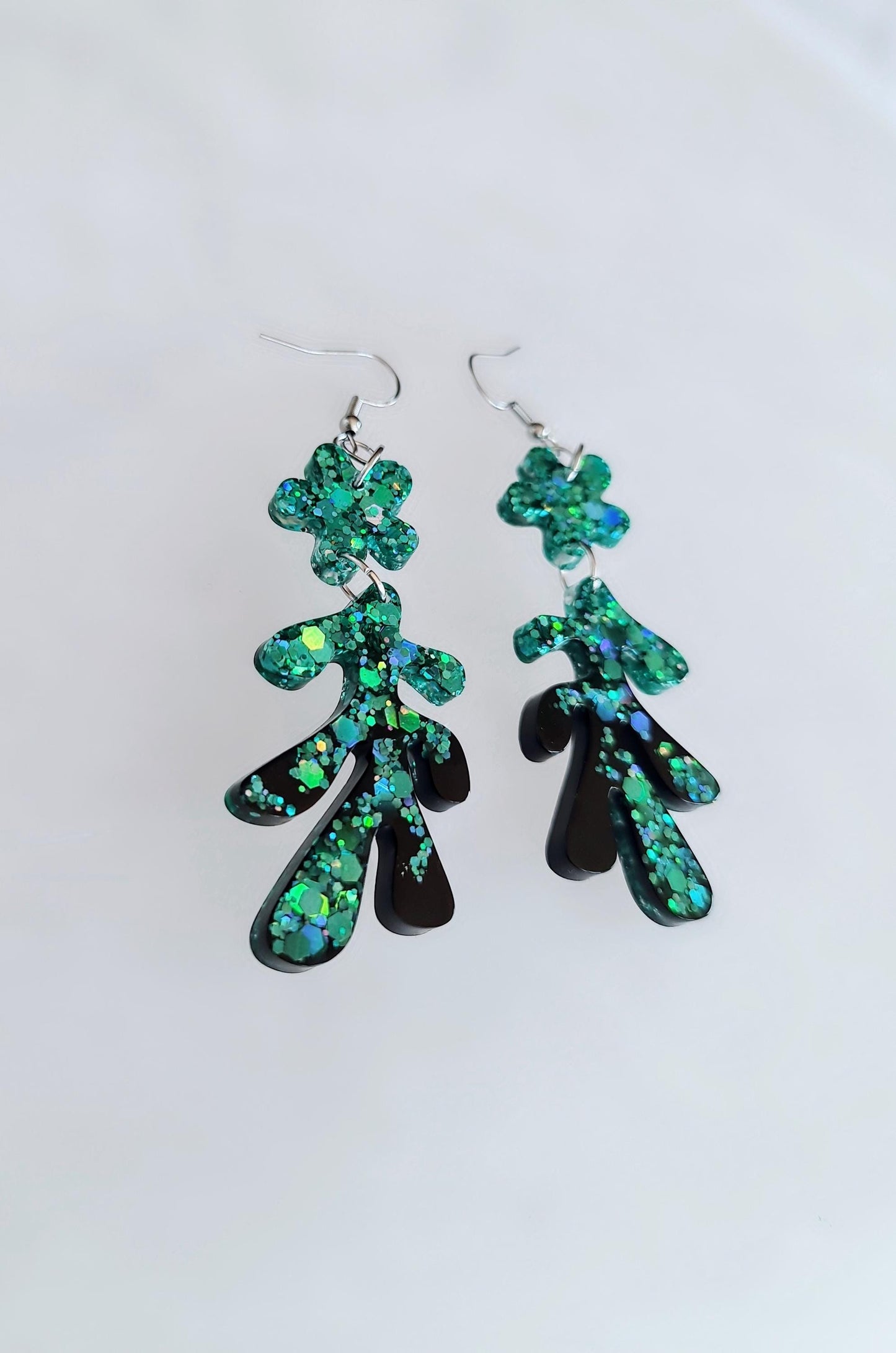 Turquoise Black Flower Leaves Dangle Drop Earrings, Turquoise Holographic Glitter Black Resin Dangles, Statement Earrings Stainless Steel
