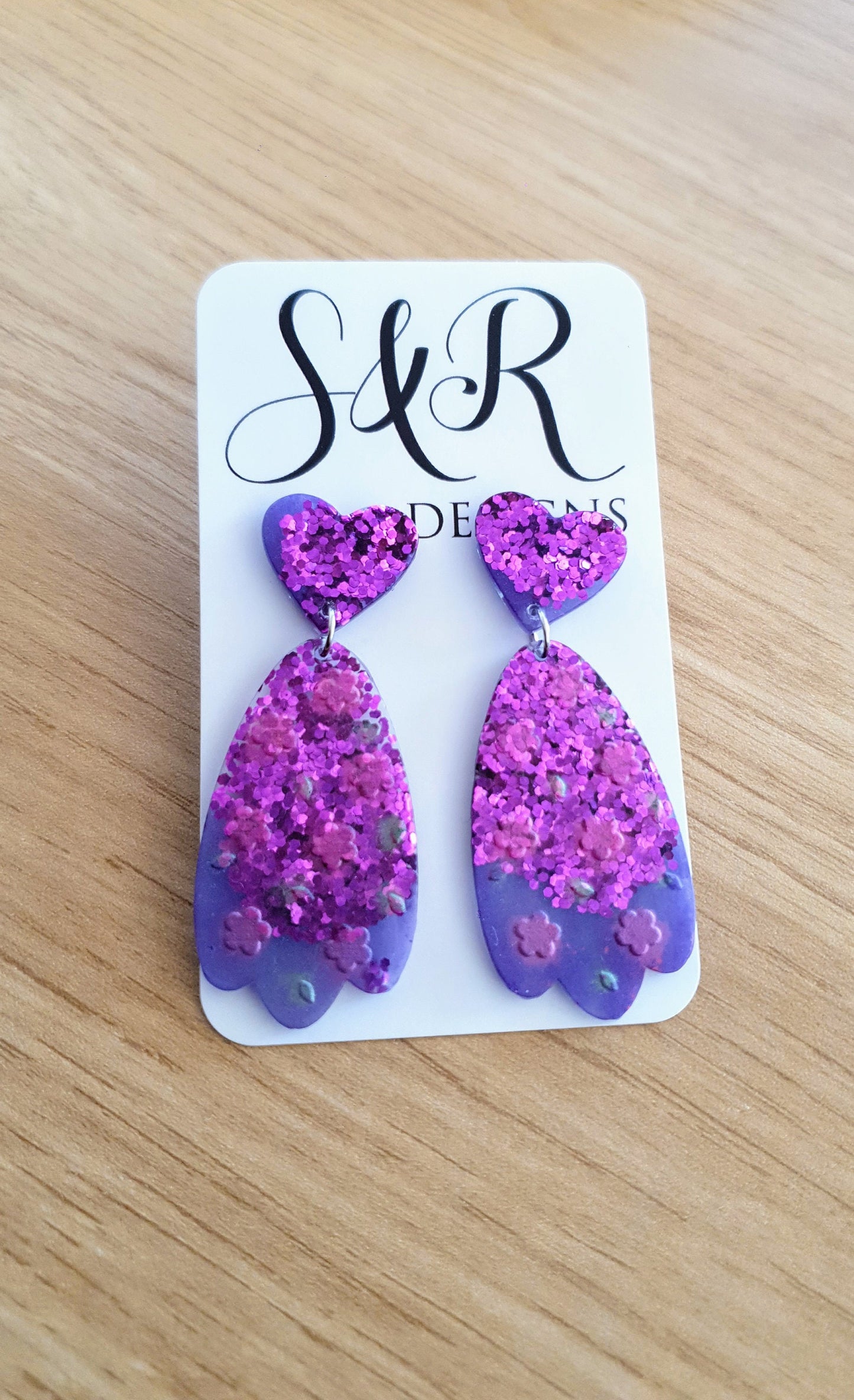 Purple Flower Heart Drop Dangle Earrings, Purple Pink and Green Glitter, Resin Handmade, Stainless Steel. Earrings Lover Gift