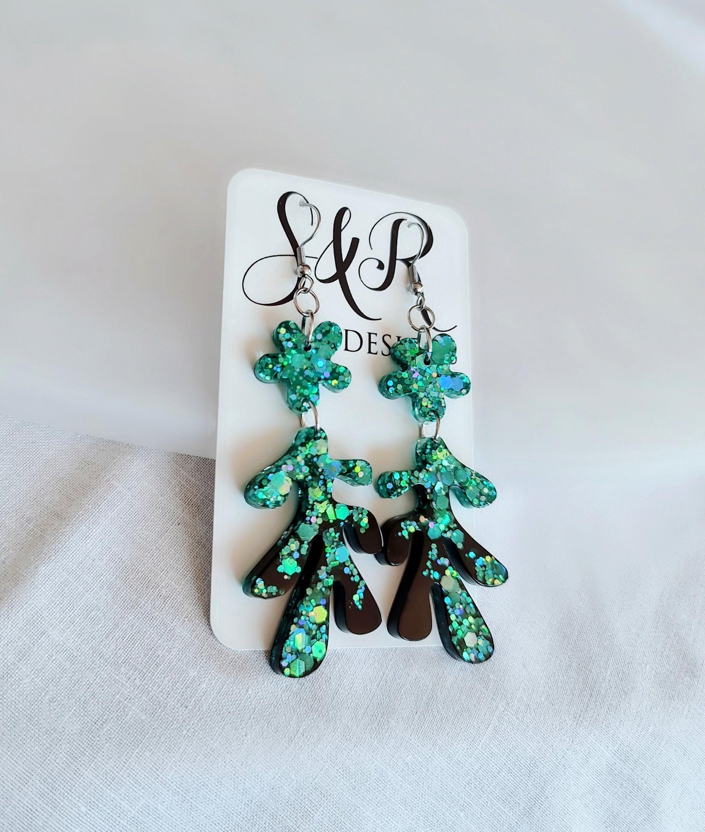 Turquoise Black Flower Leaves Dangle Drop Earrings, Turquoise Holographic Glitter Black Resin Dangles, Statement Earrings Stainless Steel