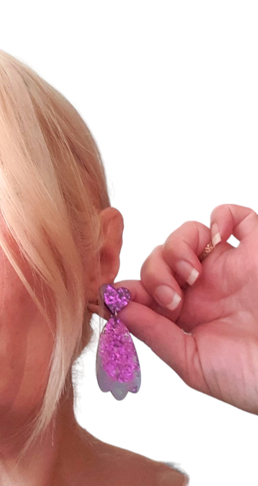 Purple Flower Heart Drop Dangle Earrings, Purple Pink and Green Glitter, Resin Handmade, Stainless Steel. Earrings Lover Gift