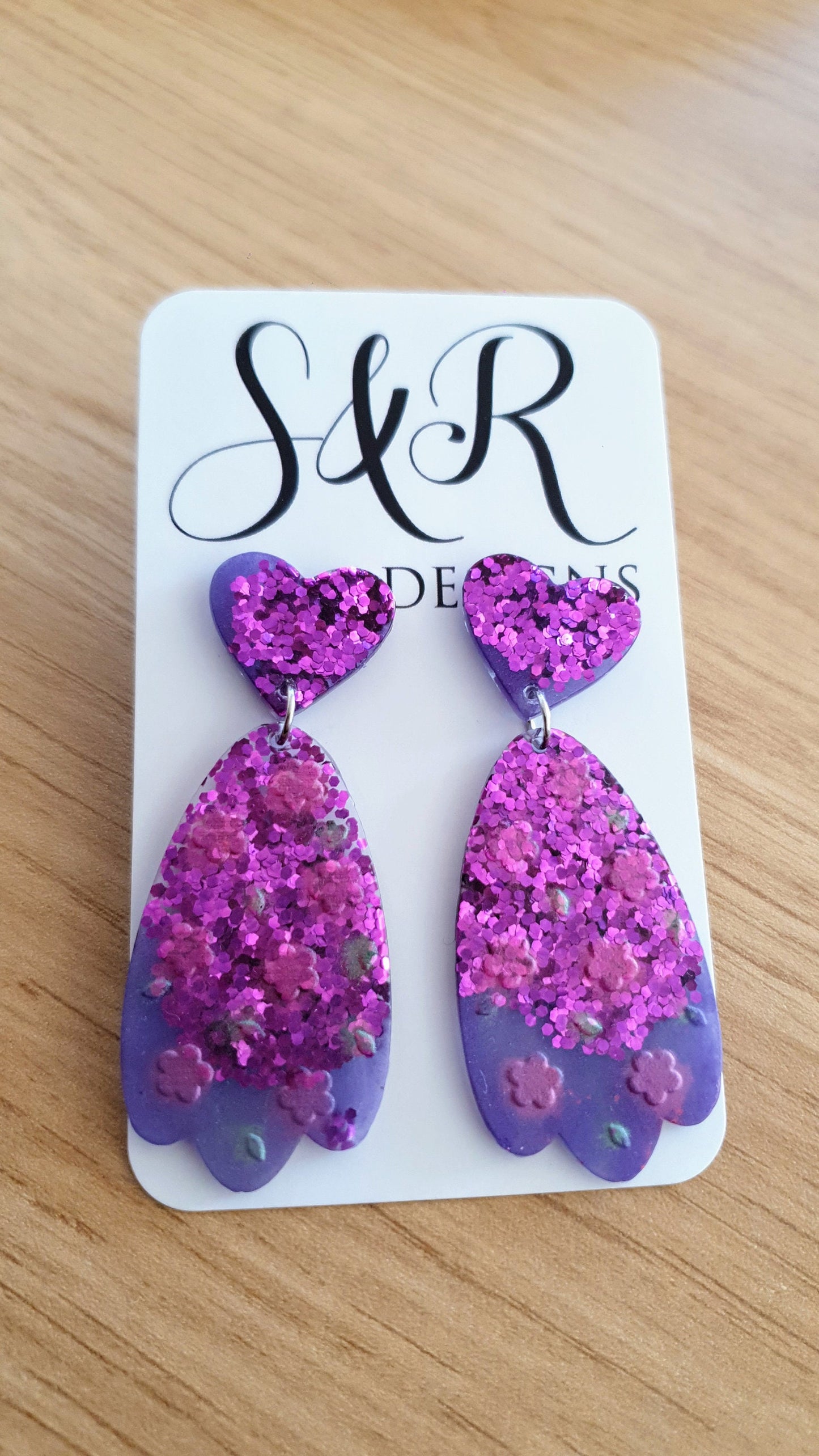 Purple Flower Heart Drop Dangle Earrings, Purple Pink and Green Glitter, Resin Handmade, Stainless Steel. Earrings Lover Gift