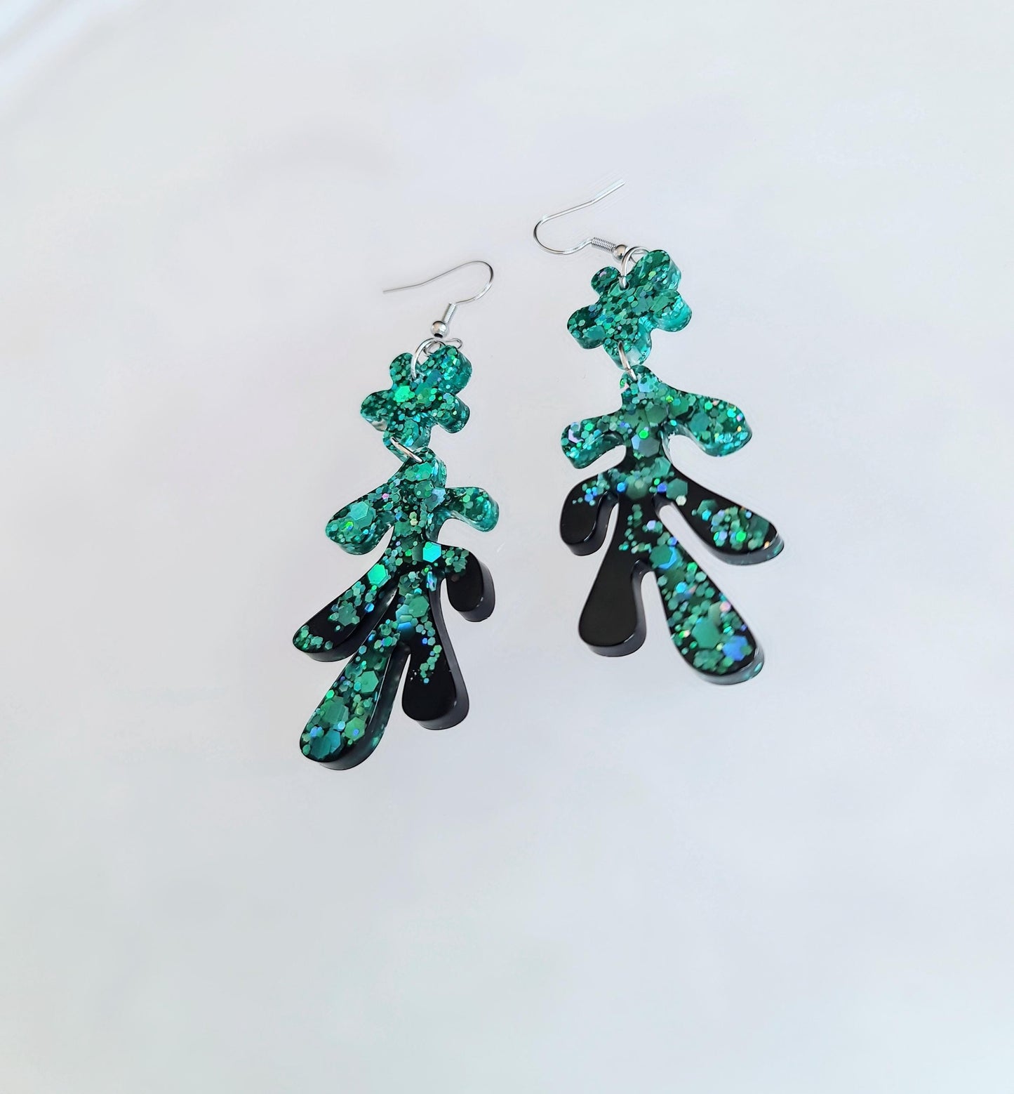 Turquoise Black Flower Leaves Dangle Drop Earrings, Turquoise Holographic Glitter Black Resin Dangles, Statement Earrings Stainless Steel