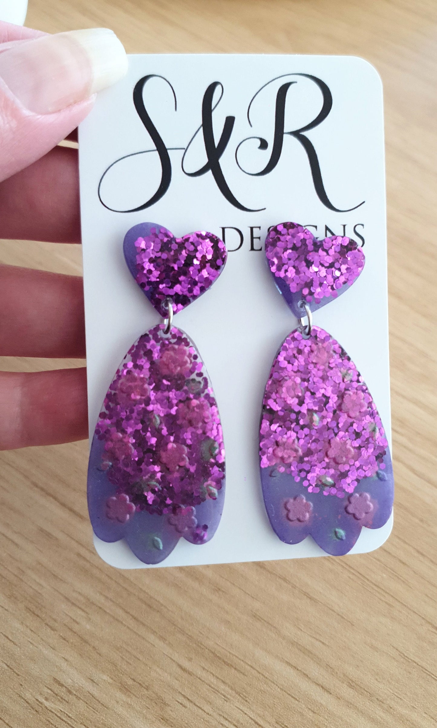 Purple Flower Heart Drop Dangle Earrings, Purple Pink and Green Glitter, Resin Handmade, Stainless Steel. Earrings Lover Gift