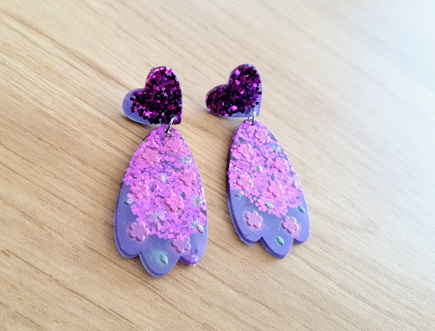 Purple Flower Heart Drop Dangle Earrings, Purple Pink and Green Glitter, Resin Handmade, Stainless Steel. Earrings Lover Gift