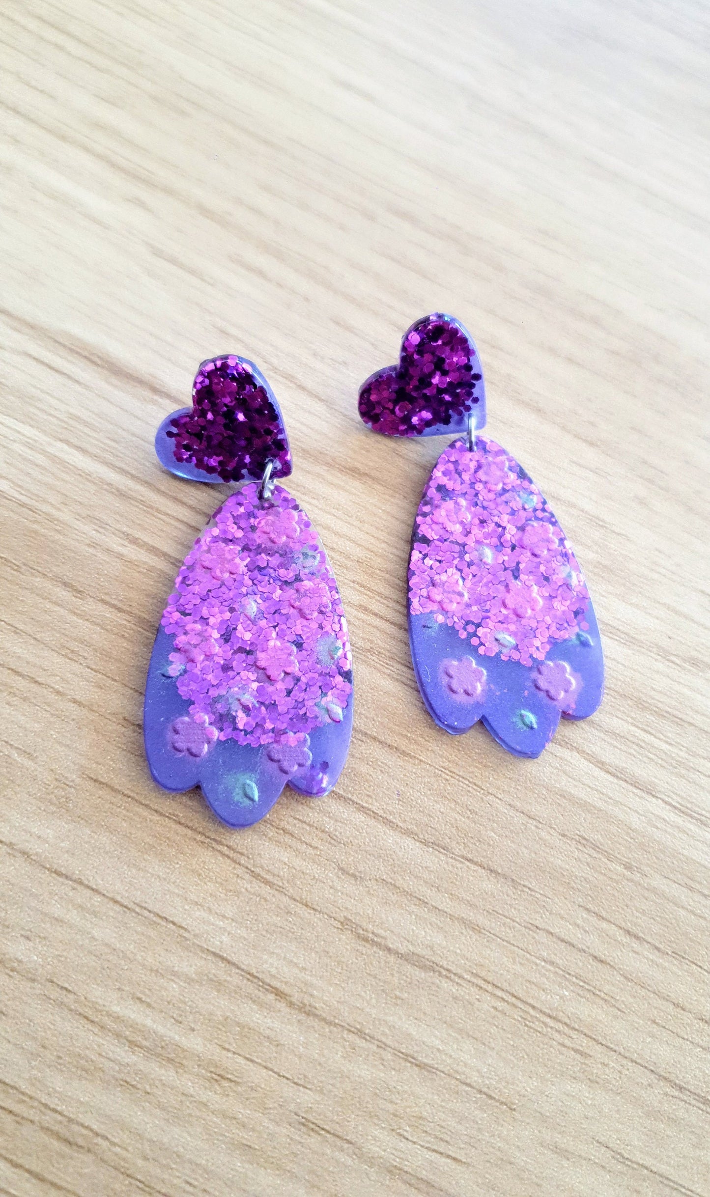 Purple Flower Heart Drop Dangle Earrings, Purple Pink and Green Glitter, Resin Handmade, Stainless Steel. Earrings Lover Gift
