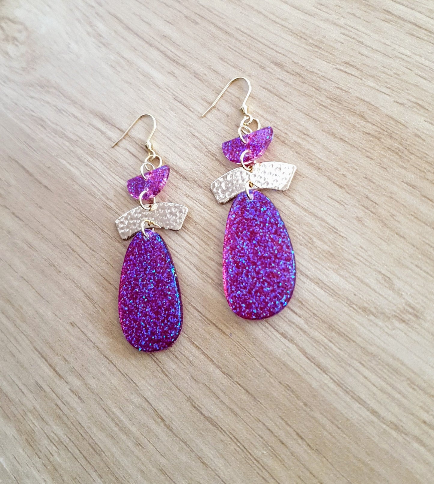 Purple Gold Hammered Organic Oval Drop Earwire Earrings, Purple Holographic Glitter, Resin Handmade, Stainless Steel. Earrings Lover Gift