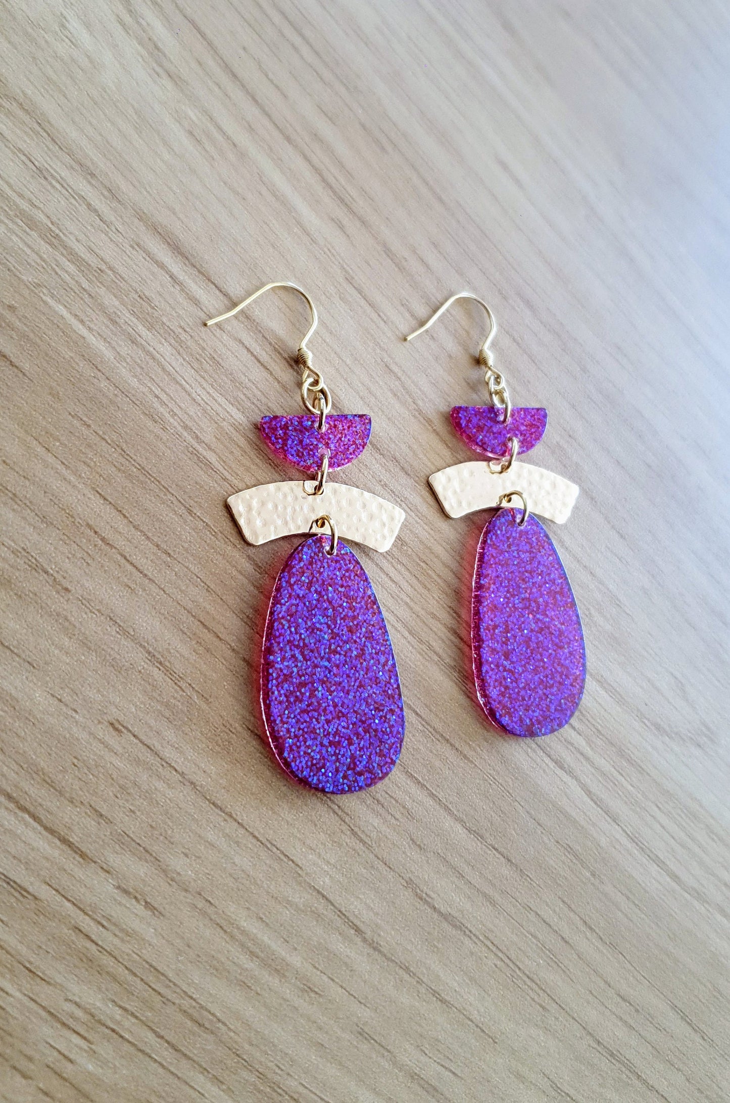 Purple Gold Hammered Organic Oval Drop Earwire Earrings, Purple Holographic Glitter, Resin Handmade, Stainless Steel. Earrings Lover Gift