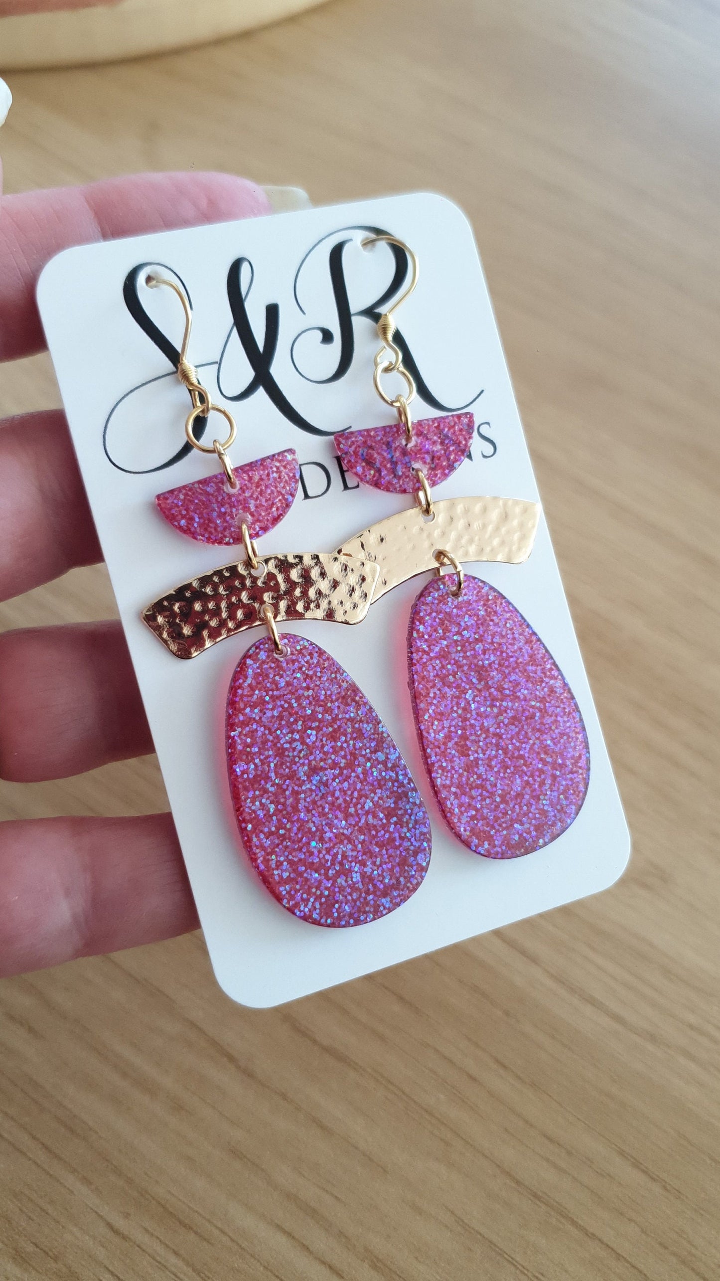 Purple Gold Hammered Organic Oval Drop Earwire Earrings, Purple Holographic Glitter, Resin Handmade, Stainless Steel. Earrings Lover Gift