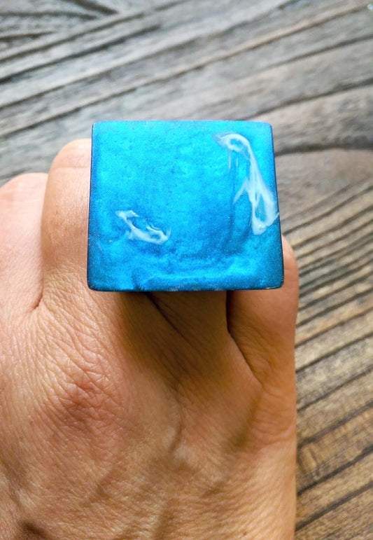 Handmade Square Resin Statement Ring: Blue & White Swirls, Size 7