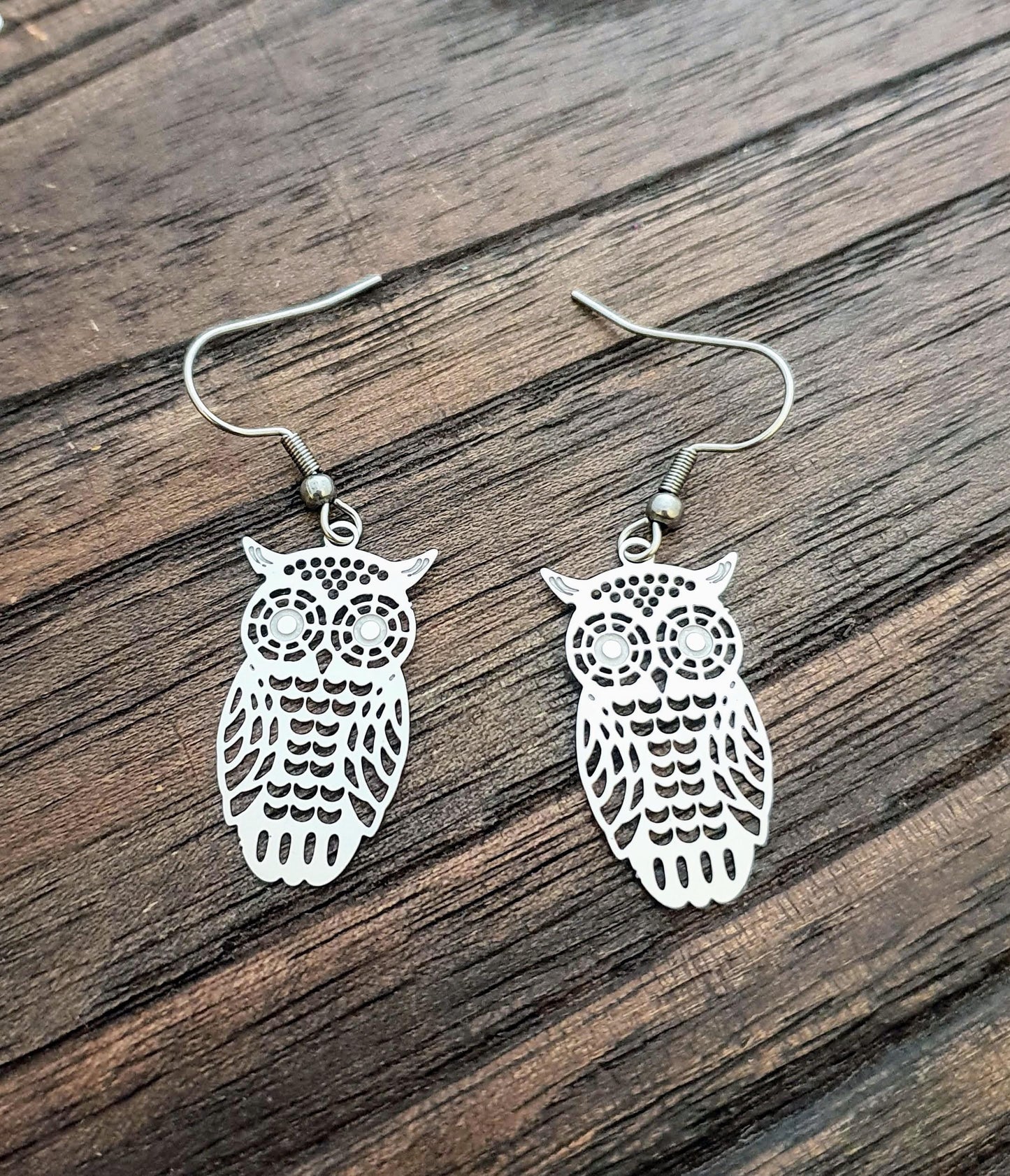 Silver Owl Earrings, Owl Filigree Stainless Steel Dangle Earrings, Owl Leverback or Hook Earrings.