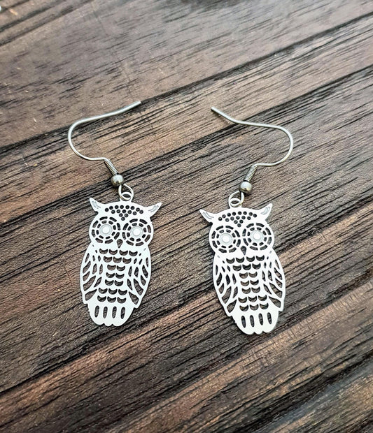 Silver Owl Earrings, Owl Filigree Stainless Steel Dangle Earrings, Owl Leverback or Hook Earrings.
