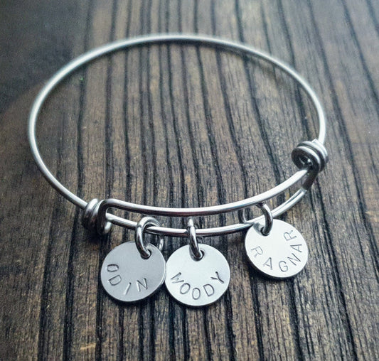 Personalised Initial Charm Silver Bangle, Name Charm Bangle, Adjustable Bangle Stainless Steel