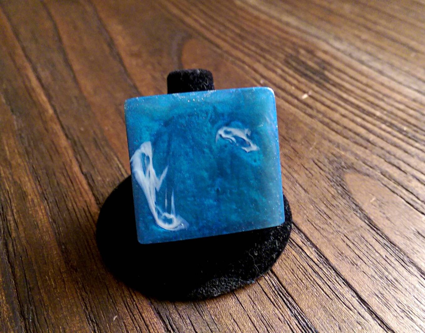 Handmade Square Resin Statement Ring: Blue & White Swirls, Size 7