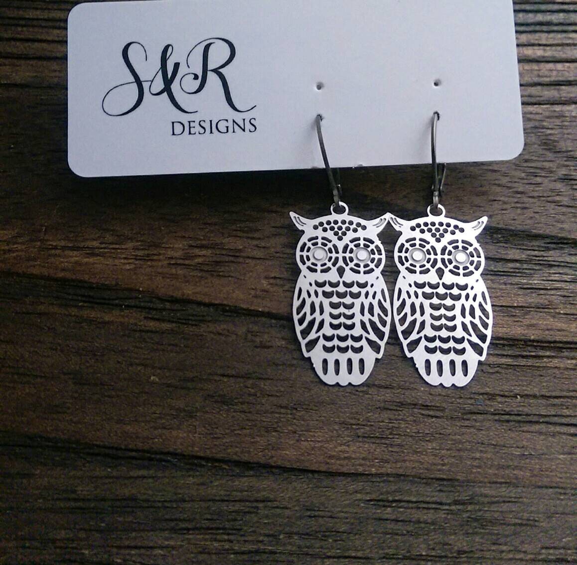 Silver Owl Earrings, Owl Filigree Stainless Steel Dangle Earrings, Owl Leverback or Hook Earrings.