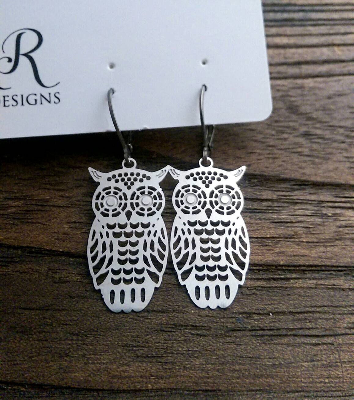 Silver Owl Earrings, Owl Filigree Stainless Steel Dangle Earrings, Owl Leverback or Hook Earrings.