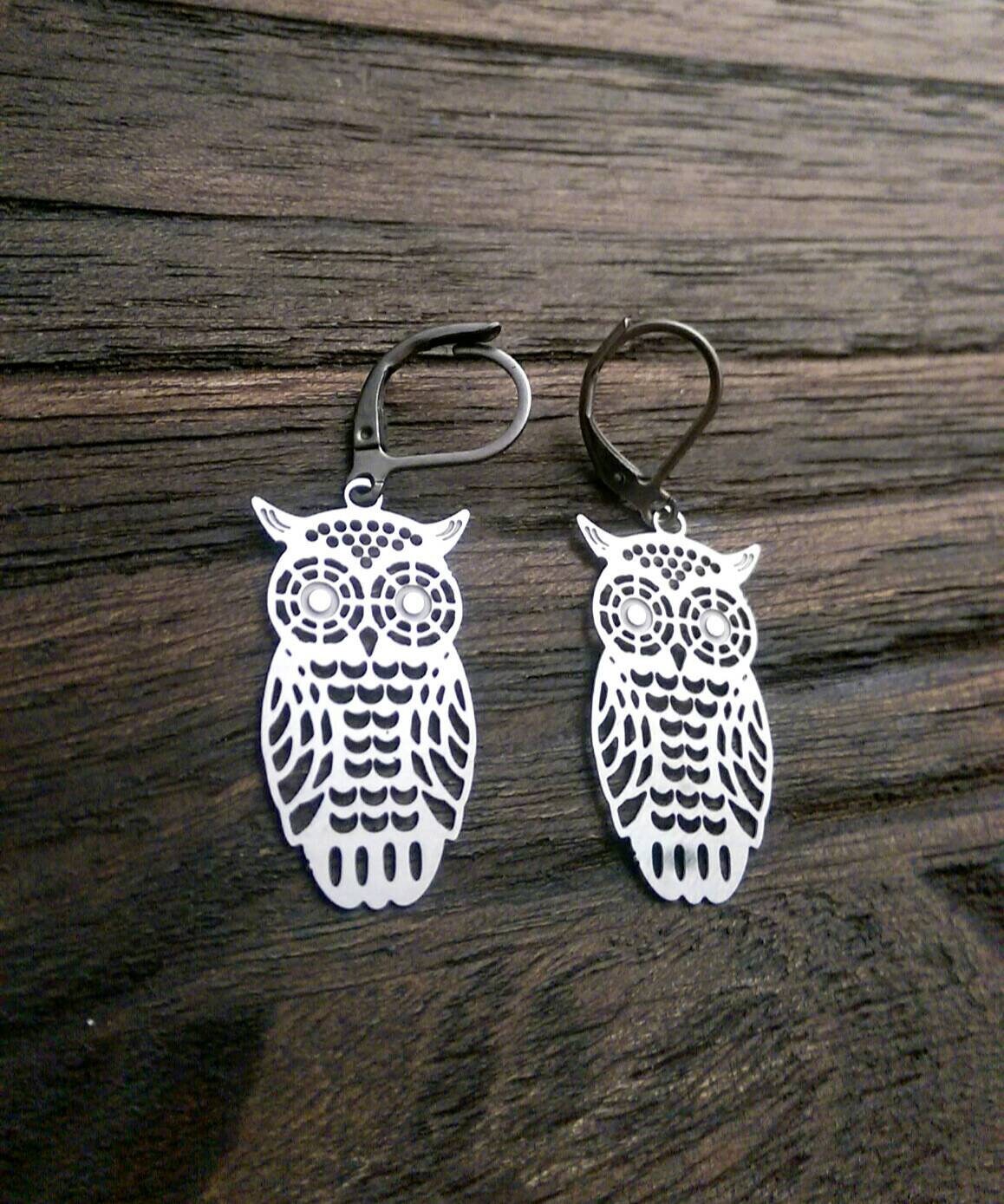 Silver Owl Earrings, Owl Filigree Stainless Steel Dangle Earrings, Owl Leverback or Hook Earrings.