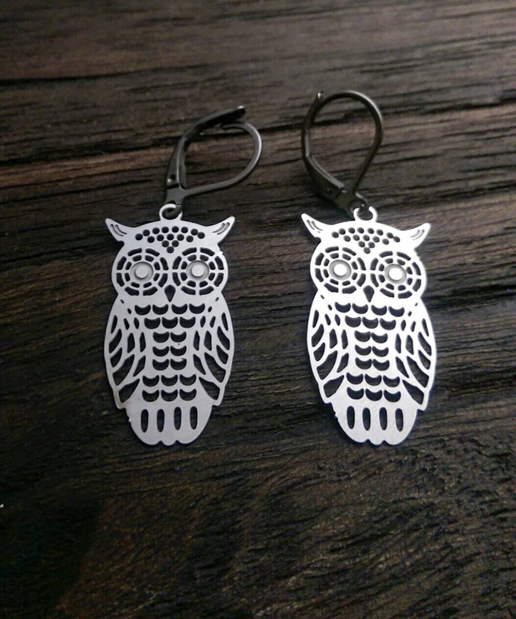 Silver Owl Earrings, Owl Filigree Stainless Steel Dangle Earrings, Owl Leverback or Hook Earrings.