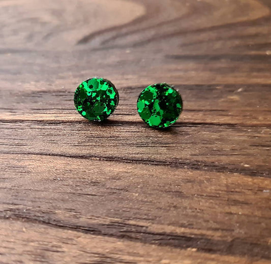 Emerald Green Circle Dot Resin Stud Earrings, Emerald Glitter Earrings. Stainless Steel Minimalist Stud Earrings. 15mm, 12mm, 10mm or 8mm