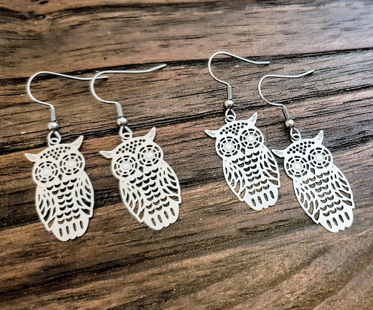 Silver Owl Earrings, Owl Filigree Stainless Steel Dangle Earrings, Owl Leverback or Hook Earrings.