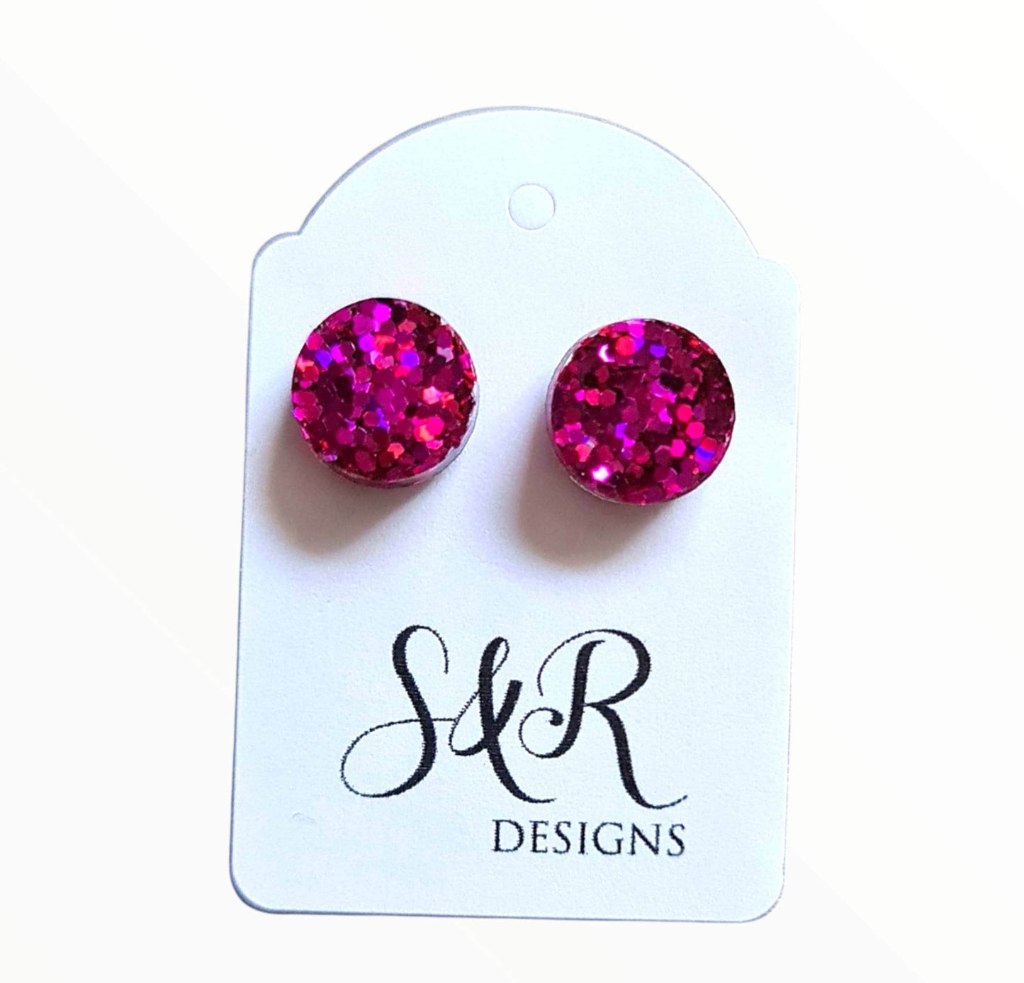Hot Pink Circle Dot Resin Stud Earrings, Hot Pink Glitter Earrings. Stainless Steel Stud Earrings. 15mm, 12mm, 10mm or 8mm