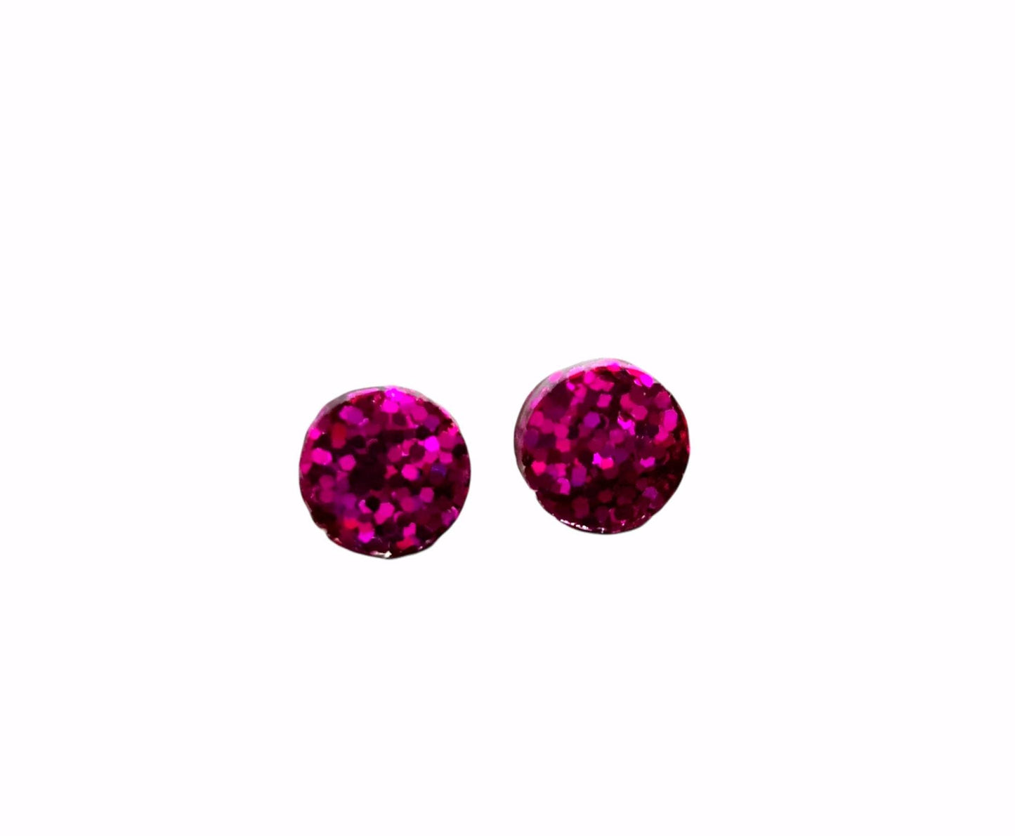 Hot Pink Circle Dot Resin Stud Earrings, Hot Pink Glitter Earrings. Stainless Steel Stud Earrings. 15mm, 12mm, 10mm or 8mm