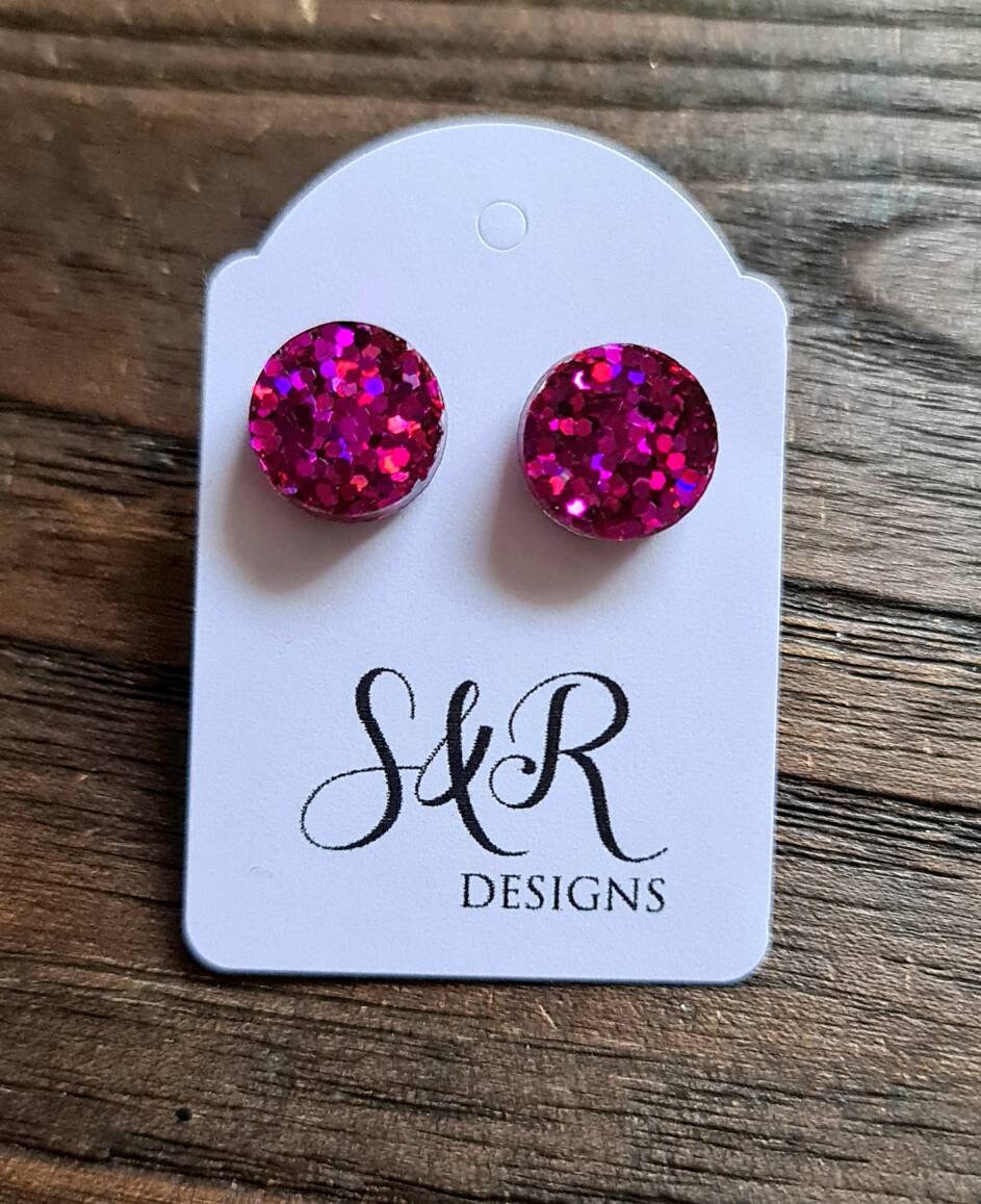 Hot Pink Circle Dot Resin Stud Earrings, Hot Pink Glitter Earrings. Stainless Steel Stud Earrings. 15mm, 12mm, 10mm or 8mm