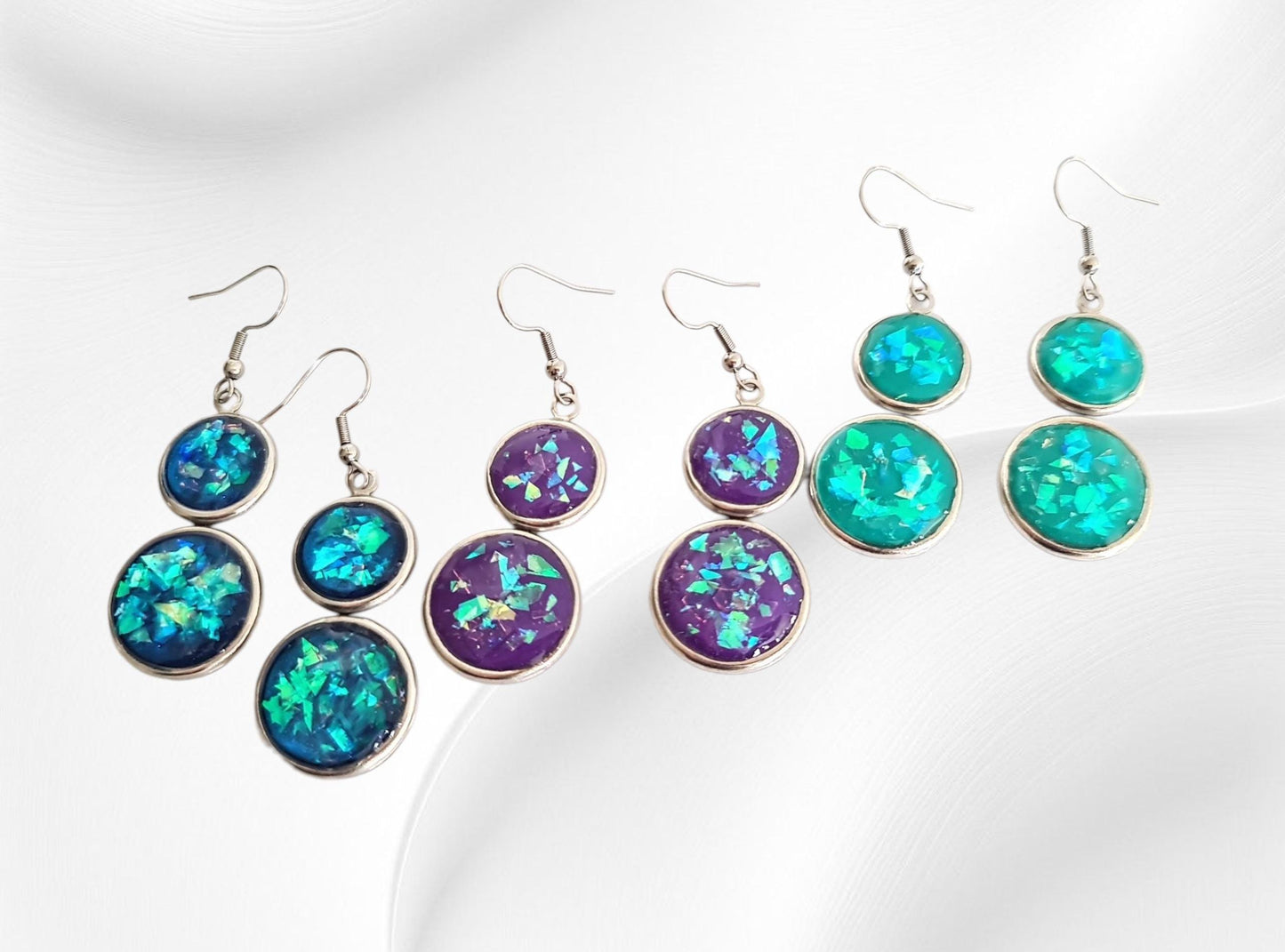 Opal Design Double Circle Drop Earrings, 3 Colours to Choose - Blue, Teal, Purple Dangles, Statement Resin Hypoallergenic Handmade Earrings