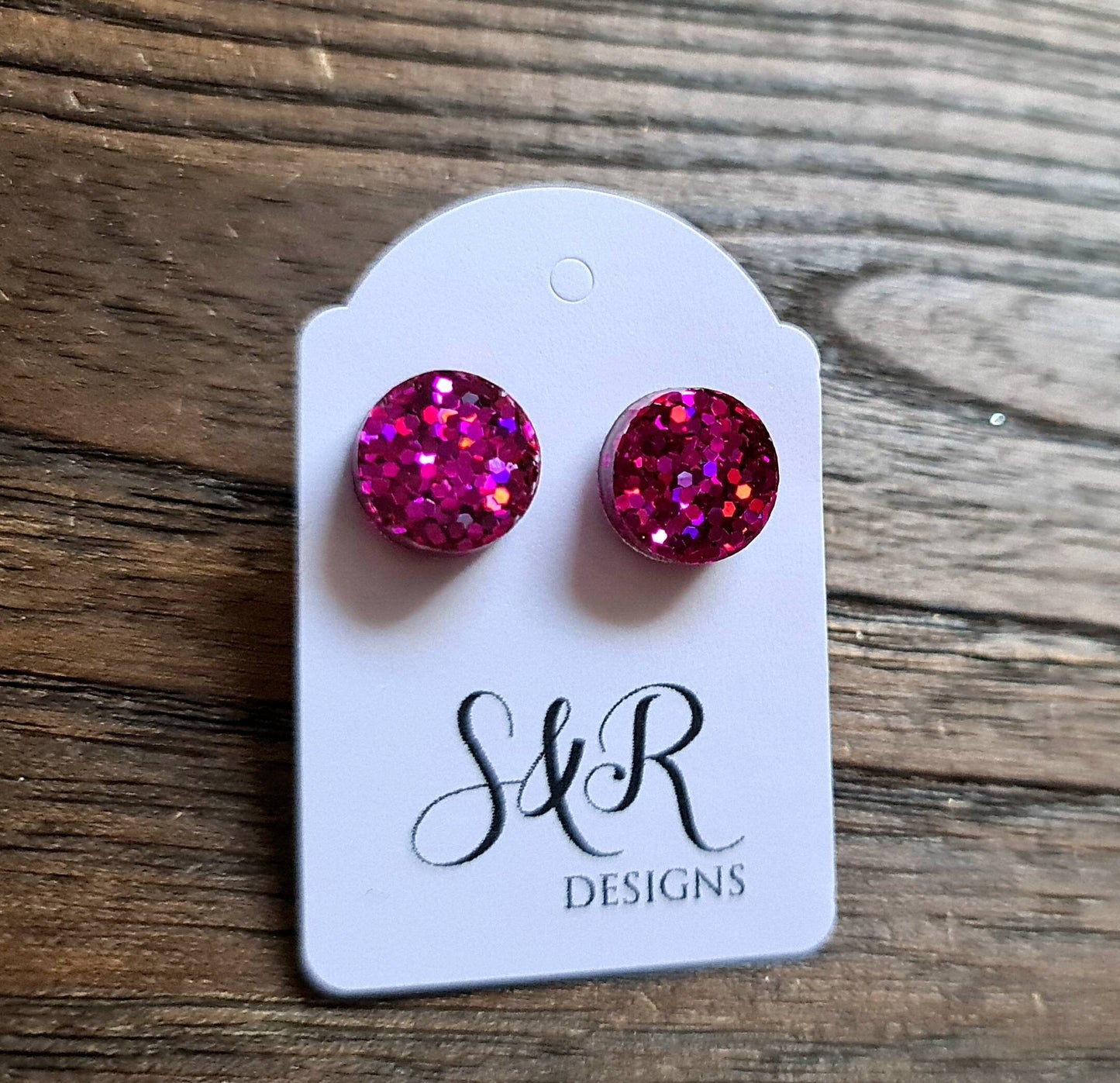 Hot Pink Circle Dot Resin Stud Earrings, Hot Pink Glitter Earrings. Stainless Steel Stud Earrings. 15mm, 12mm, 10mm or 8mm