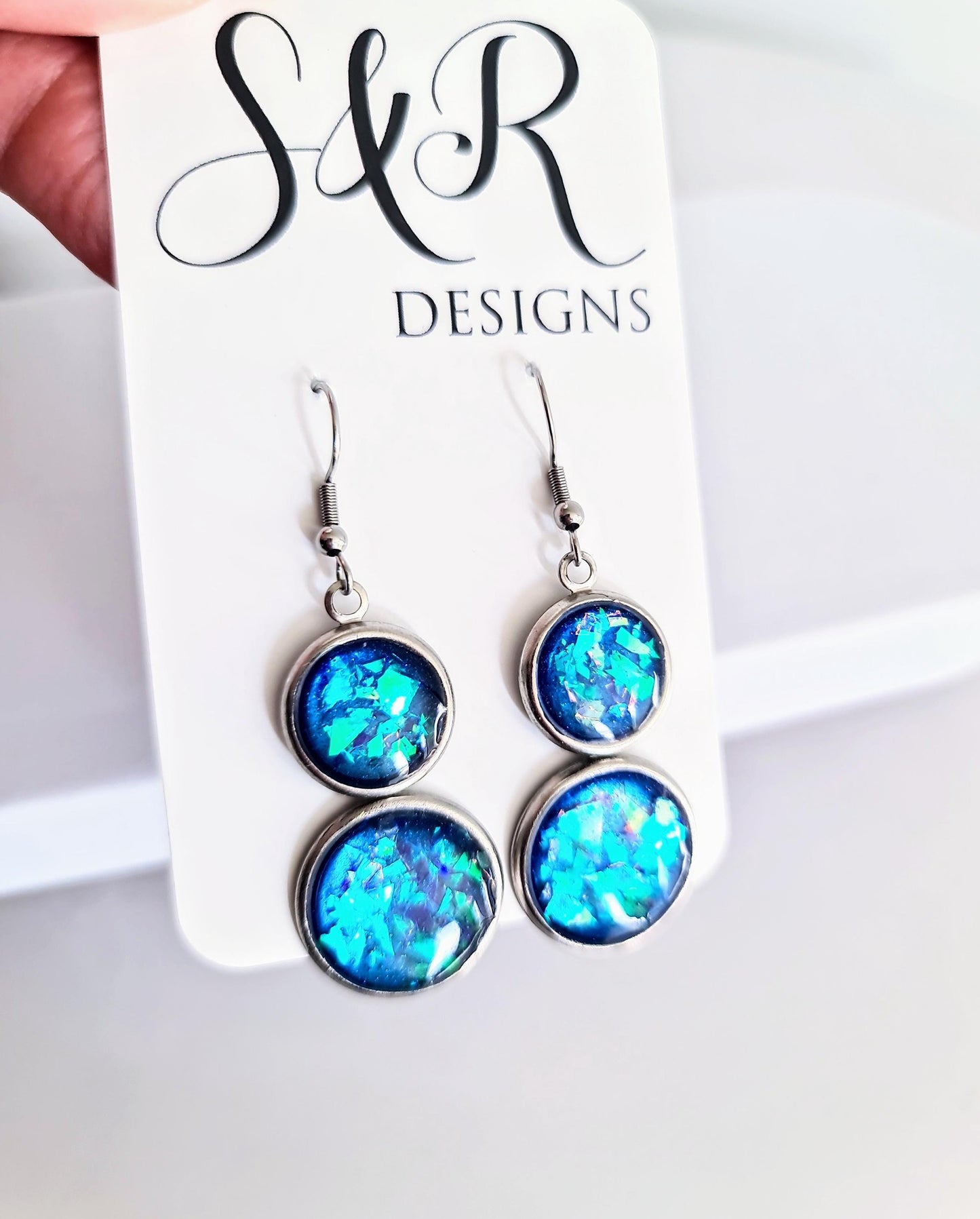 Opal Design Double Circle Drop Earrings, 3 Colours to Choose - Blue, Teal, Purple Dangles, Statement Resin Hypoallergenic Handmade Earrings