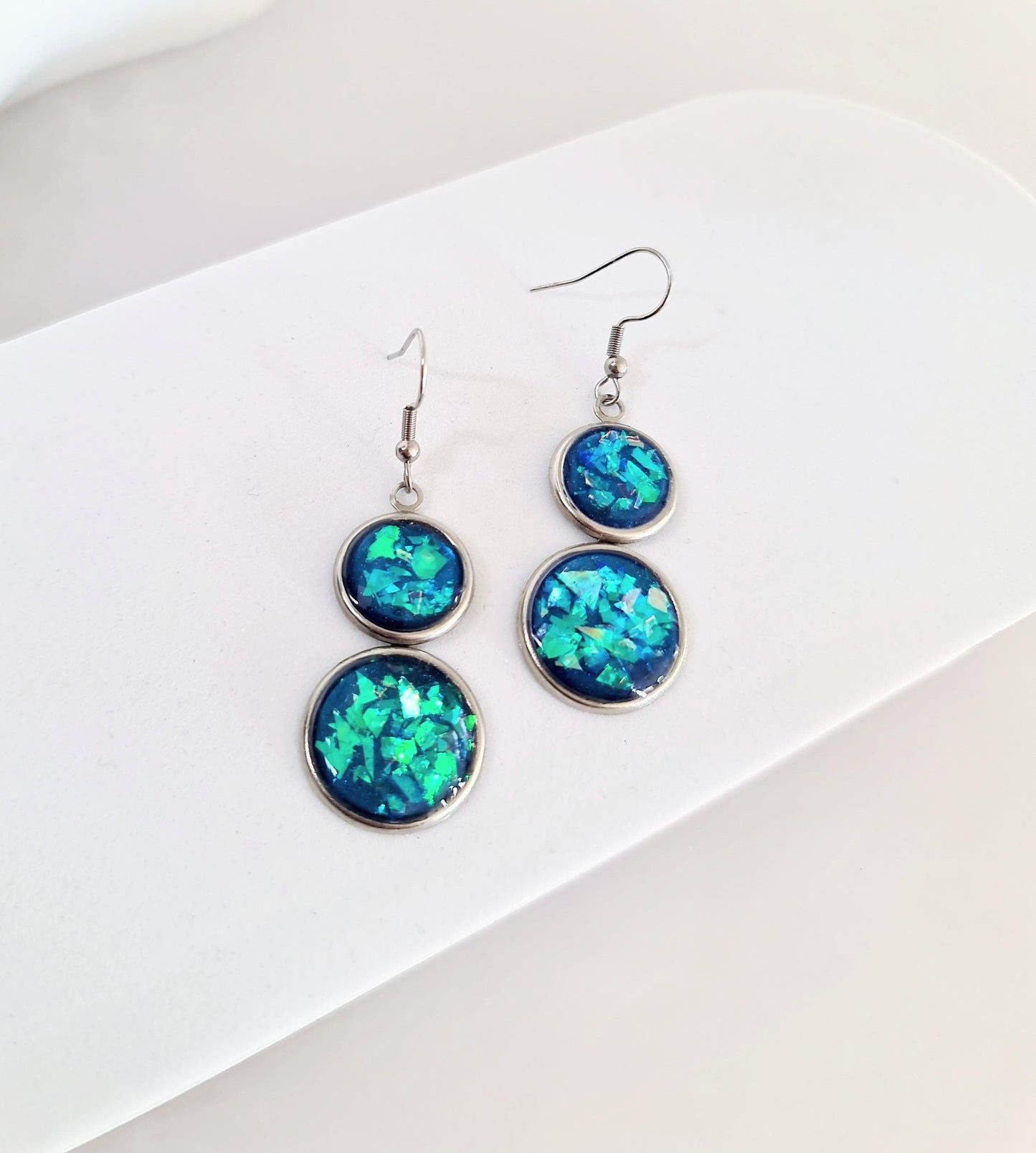 Opal Design Double Circle Drop Earrings, 3 Colours to Choose - Blue, Teal, Purple Dangles, Statement Resin Hypoallergenic Handmade Earrings