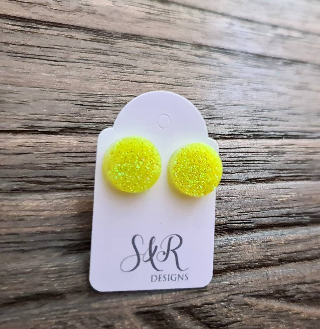 Yellow Circle Dot Resin Stud Earrings, Yellow Holographic Glitter Handmade Earrings. Stainless Steel Studs, 15mm, 12mm, 10mm or 8mm
